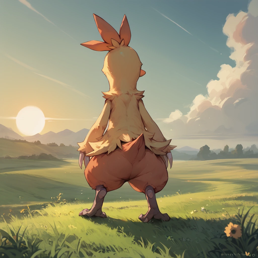 score_9, score_8_up, score_7_up, score_6_up, <lora:Combusken_PDXL:1> combuskenpkmn, combusken, field, grass, standing, day, sun, sky, full-length portrait, solo, solo focus, rear view, looking away,