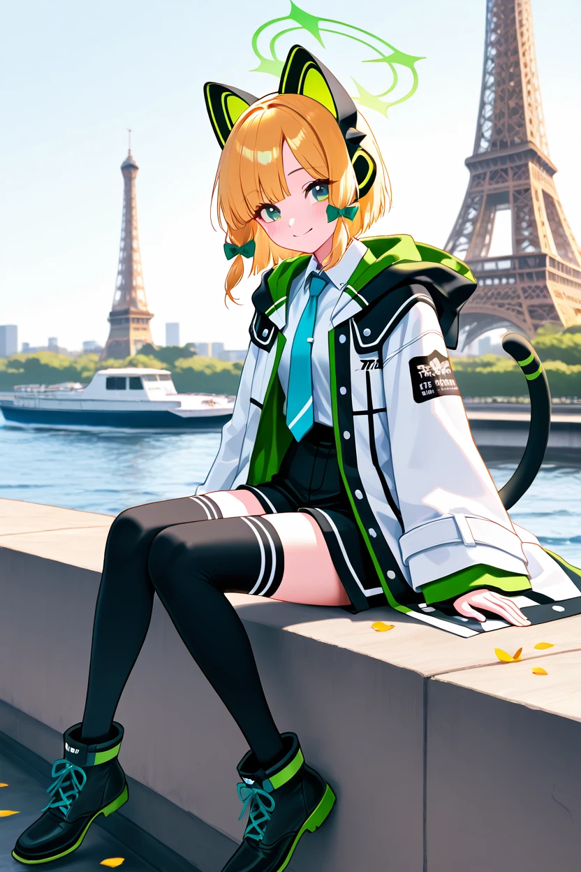 masterpiece, best quality, 1girl, solo, 21 year old model, eyelashes, (beautiful eyes),     ,,, zzMidori, solo, blonde hair, short hair, green eyes, hair bow, tail, animal ears, fake animal ears, animal ear headphones, headphones, cat ear headphones, halo, hair bow, green halo, tail, cat tail, green bow, black thighhighs, blue necktie, collared shirt, long sleeves, white jacket, white shirt, black shorts, blush, black footwear, open jacket, hood, wide sleeves ,<lora:MidoriBlueArchiveIXL:1.0>,,, zzEiffelTower in background, sitting, watercraft, boat, sitting on wall, side view, looking at viewer, smile,,, blooming stars, luminescent petals, otherworldly fragrance blurry background, <lora:EiffelTowerIXL_v2:1.0>,