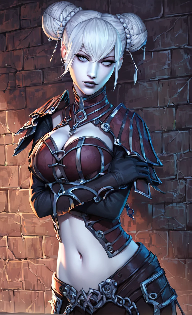 1girl, solo, 
score_6, score_7, score_8, score_9,
masterpiece, best quality, highly detailed,
<lora:Eve_GW_necromancer:0.85>, twin-buns, white hair, gray eyes, black and maroon outfit, pale skin, midriff, navel, lips, black gloves, black undershirt, cleavage, black sleeves,
catacombs, indoor, dungeon, brick wall, upper body, curvy,