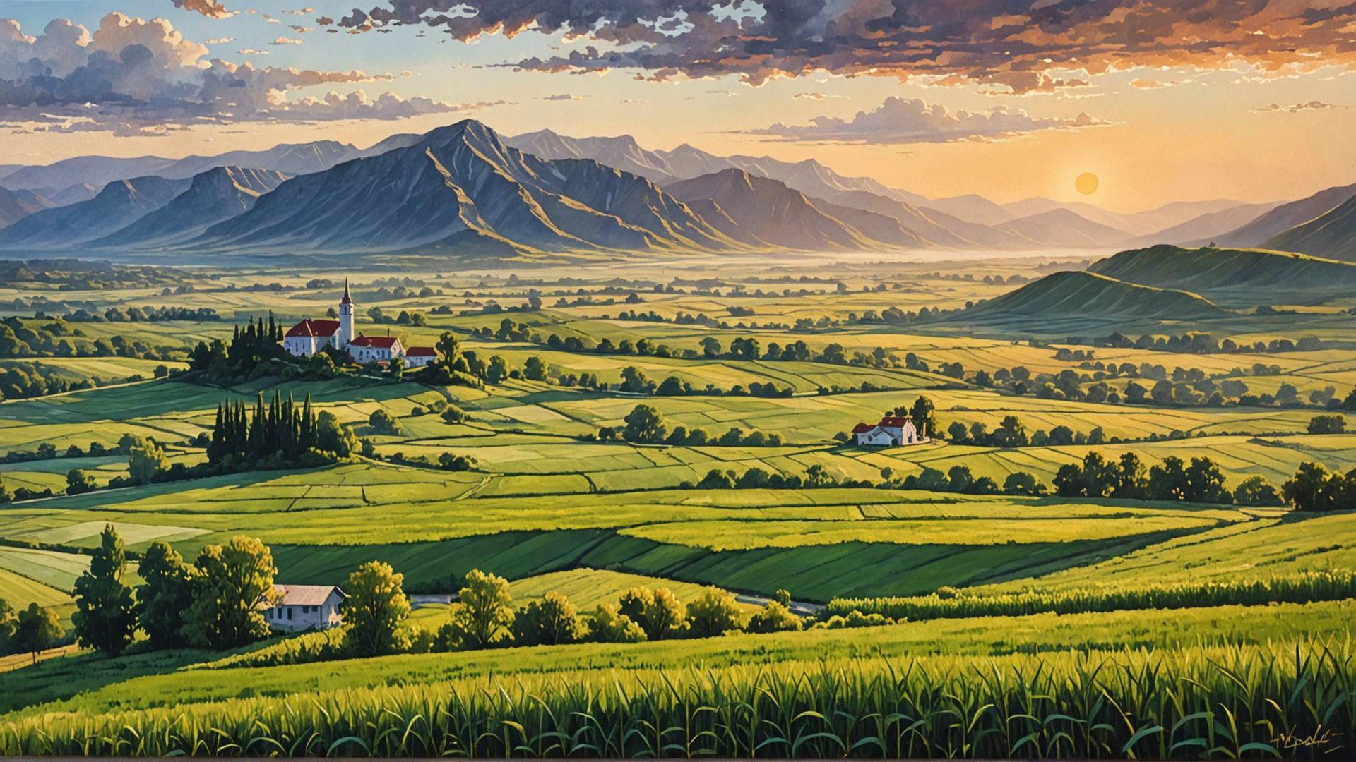 Beautiful green fields view, landscape, morning, spring, high detailed, intricate details, HD, 8K, sharp, digital art, digital painting, anime, masterpiece, score_9, score_8, score_7