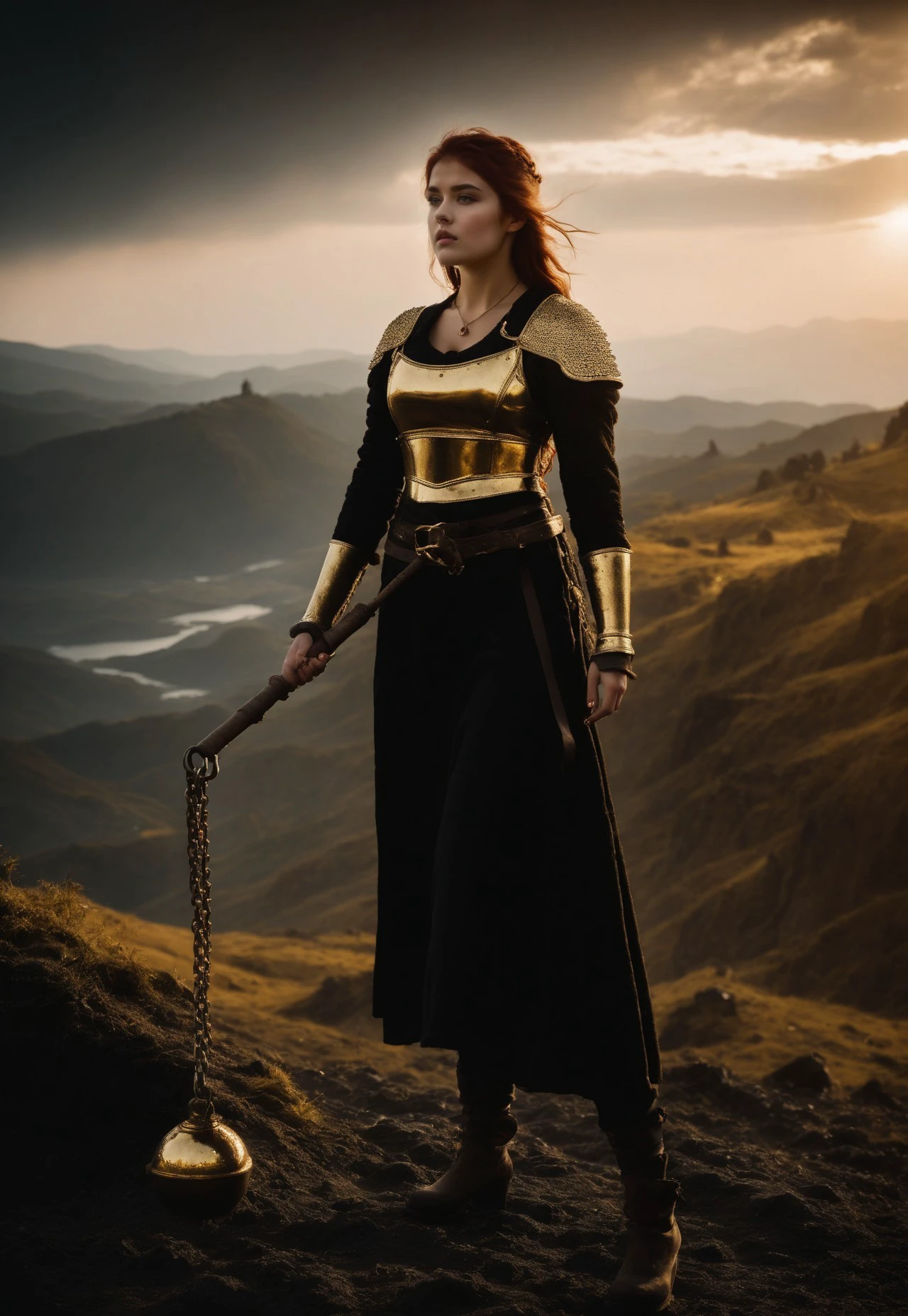 real, photo, real photo, real life, reality, cinematic, cinematic post-processing, dark fantasy aesthetic, beautiful female warrior gripping a single golden (flail:1.2) handle, metal chain, flail has wooden handle and spiked ball, she is in an epic fantasy landscape