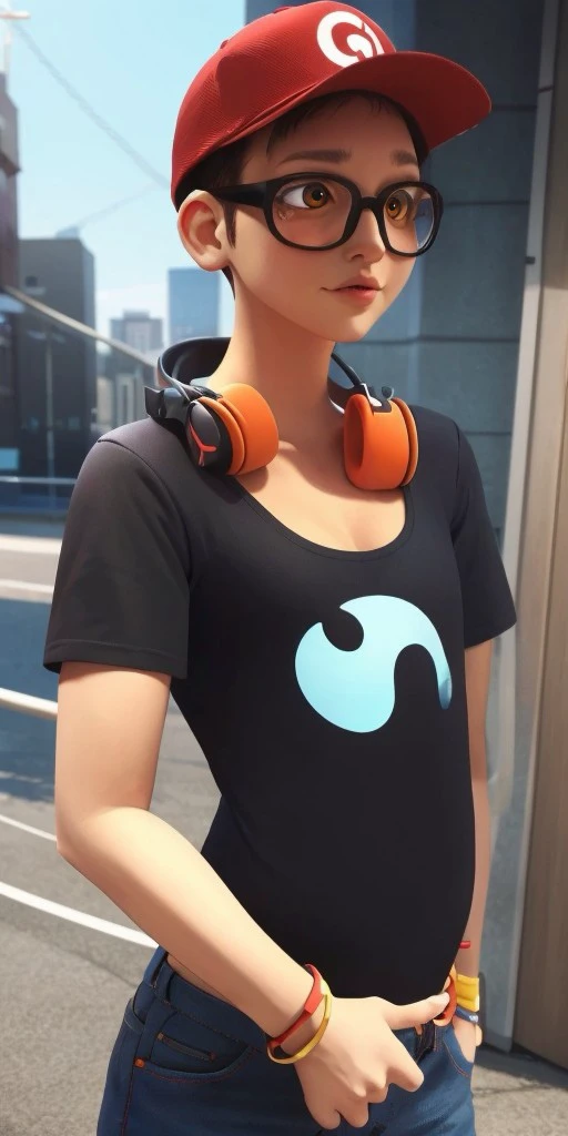 Hyperrealistic, photorealistic, super detailed, (1boy), vivid azure t-shirt, short dark brown hair, light tan skin, moderate orange eyes, black-rimmed glasses, red cap, body like in real life, large pores, tall, slender, unreal engine, octane render, droped shadow, bokeh, cinematic lighting, <lora:add_detail:0.5>, <lora:Volumetric_lighting:0.6>, Nino Lahiffe, , <lora:bb953b9d-cf4a-4f85-ad8c-ee8bc74bbc43:0.7>