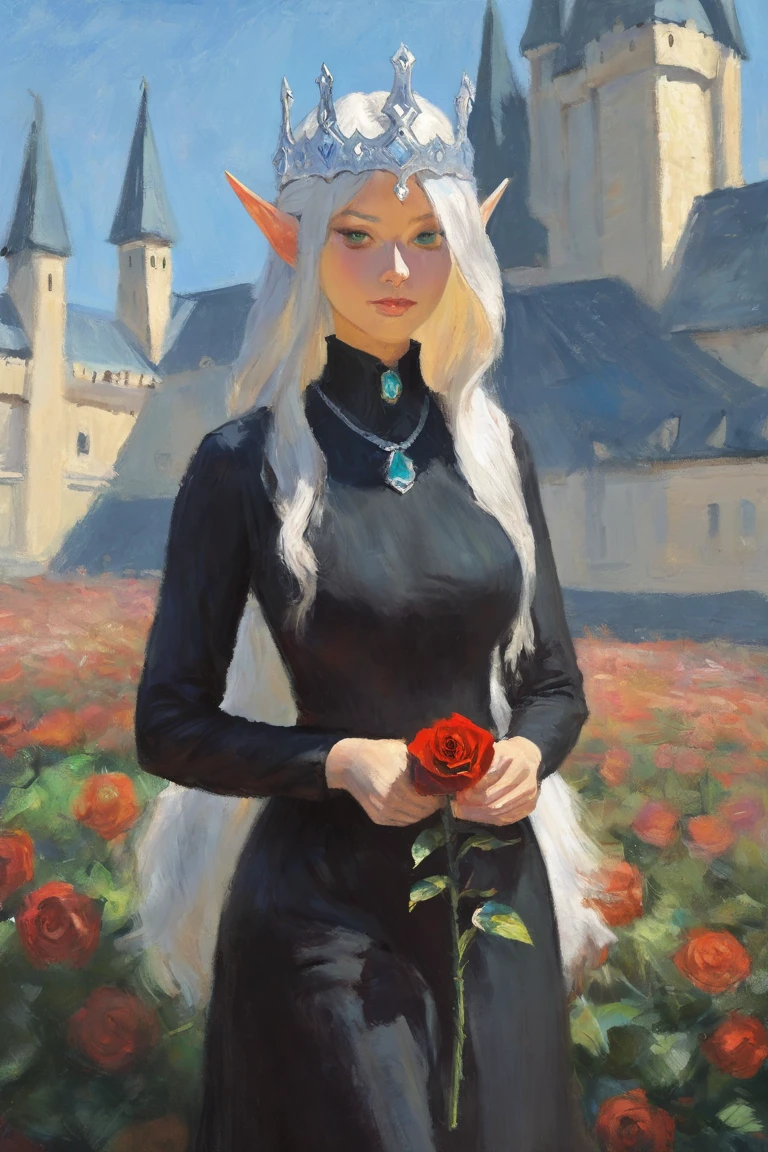 masterpiece, best quality, highres, newest, impressionism, traditional media, realistic, 1girl, solo, mature female, elf, pointy ears, breasts, long hair, very long hair, white hair, green eyes, portrait, looking at viewer, medium breasts, high collar, long dress, black dress, crown, silver crown, holding, holding flower, rose, red rose, necklace, jewelry, closed mouth, cowboy shot, standing, outdoors, castle <lora:Impressionism [LoRA] - NoobAI-XL EPS 1.0:0.8>