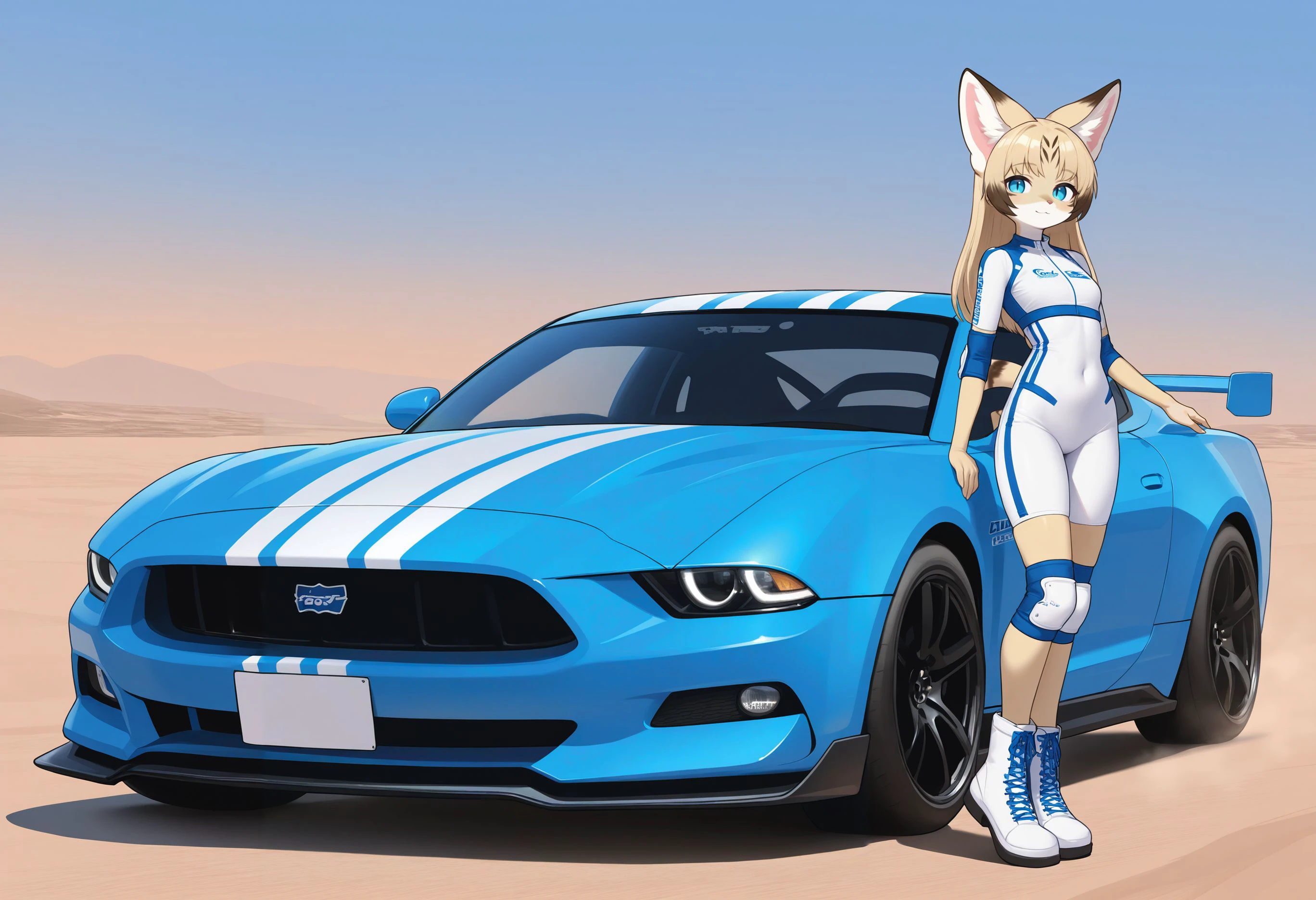 masterpiece, best quality, hi res, absurd res, new, newest, 2024, 2023, 2022, rendered, illustration, digital media \(artwork\), 
anthro, female, sand cat, light fur, blond fur, stripes, long hair, blonde hair, brown highlights, straight hair, parted bangs, big ears, blue eyes, slit pupils, slim, athletic, small breasts, full body suit, white racing suit, blue stripes, blue laces, elbow pads, knee pads, white boots, ford, ford mustang, blue car, white stripes, race car, sports car,