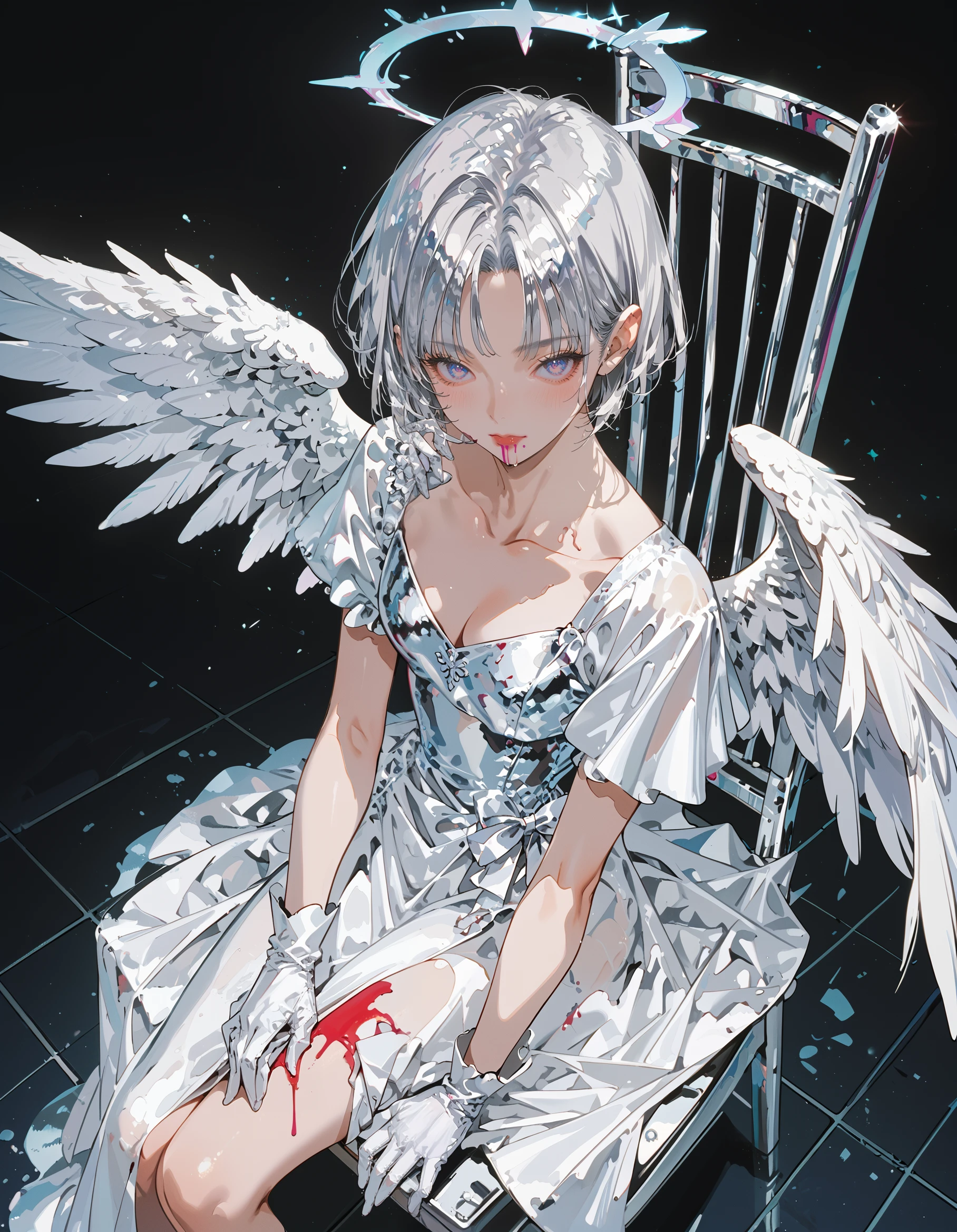 score_9, score_8_up, score_7_up, source_anime,intricate details,Masterpiece,best quality,  <lora:chrome_core:1>,chrome_core,1girl, solo, looking at viewer, blush, short hair, blue eyes, gloves, dress, dripping halo, sitting, collarbone, grey hair, wings, white gloves, white dress, blood, from above, halo, chair, whitefeathered wings, plate, angel wings, angel,  <lora:wanke_style:0.7>