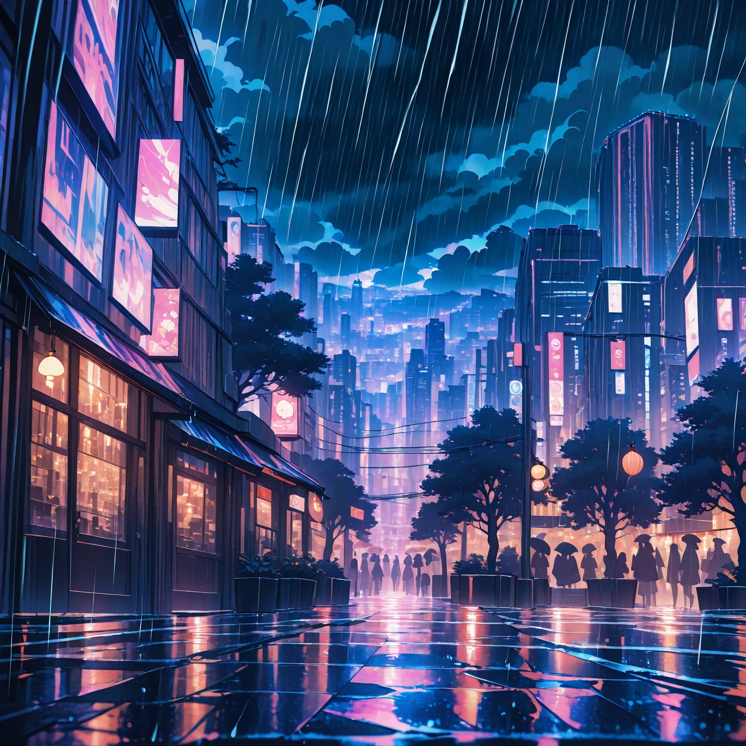 masterpiece,best quality,amazing quality, <lora:IL_Dreamy_soft_lines_for_Pony:1.2> dresofl, depth of field, cityscape, night, rain, scenery, no humans, city lights, tree