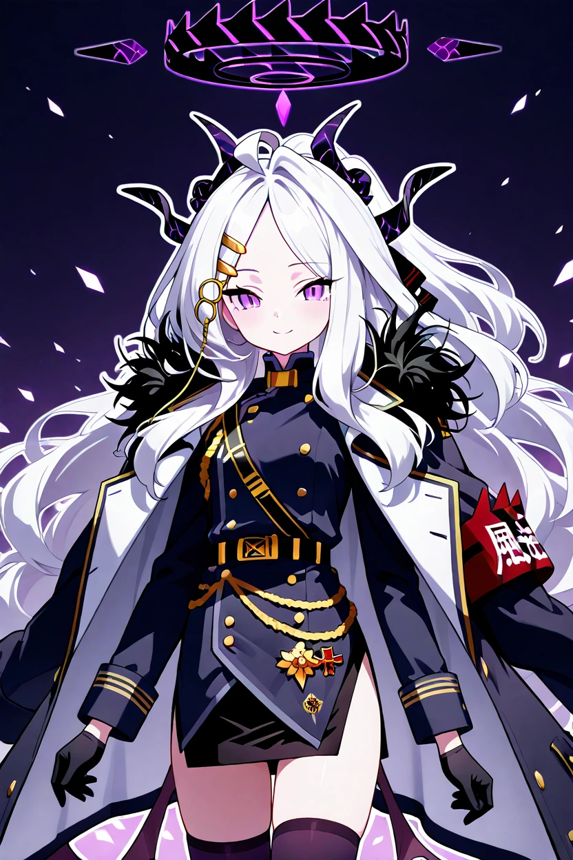 masterpiece, best quality, 1girl, solo, eyelashes, (beautiful eyes),    zzHina, purple eyes, long hair, hair ornament, white hair, horns, hina (blue archive), ahoge, halo, multiple horns, parted bangs, skirt, long sleeves, hairclip, black skirt, coat, coat on shoulders, fur trim, black gloves, <lora:HinaBlueArchiveIXL:1.0>,   ,smile, looking at viewer, abstract background, white outline, cowboy shot