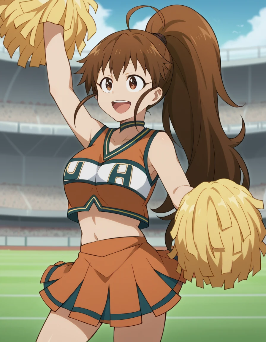 score_9, score_8_up, score_7_up, source_anime, <lora:popura-taneshima-s2-ponyxl-lora-nochekaiser:1>, popura taneshima, long hair, brown hair, brown eyes, ponytail, ahoge, large breasts,, <lora:ua-cheerleader-uniform-ponyxl-lora-nochekaiser:1> ua cheerleader uniform, u.a. cheerleader uniform, cheerleader, pom pom (cheerleading), orange skirt, holding pom poms, orange shirt, navel, sleeveless, midriff, collarbone,, smile, open mouth, track and field, dancing,, cowboy shot,