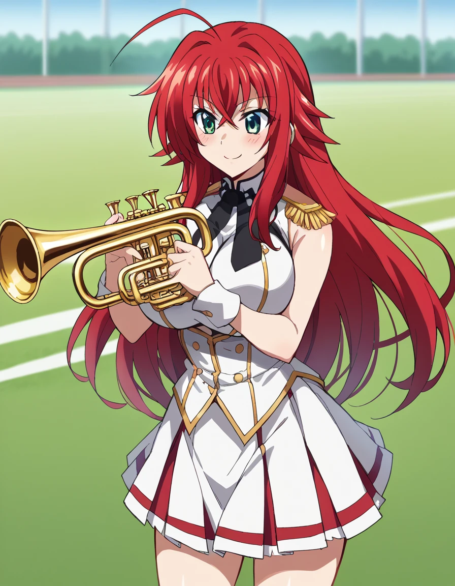 score_9, score_8_up, score_7_up, source_anime, <lora:rias-gremory-ponyxl-lora-nochekaiser:1>, rias gremory, huge ahoge, long hair, hair between eyes, green eyes, red hair, large breasts, <lora:band-uniform-ponyxl-lora-nochekaiser:1> band uniform, marching band, shako cap, trumpet, epaulettes, instrument, sleeveless, skirt, white skirt, miniskirt, playing instrument, track and field, blush, smile,, cowboy shot,