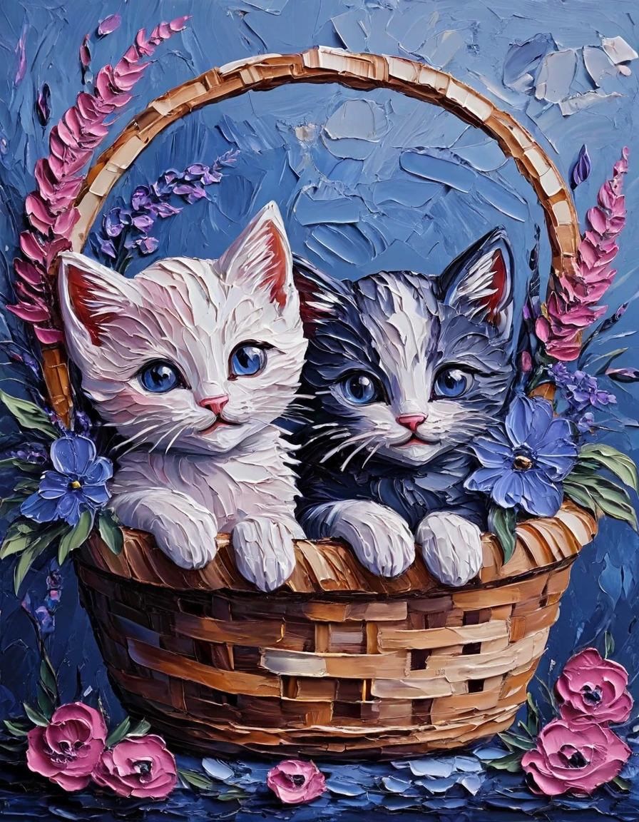 novuschroma style cute kittens in a basket with flowers palette knife impasto painting <lora:153_novuschromaSXL_a3:1>