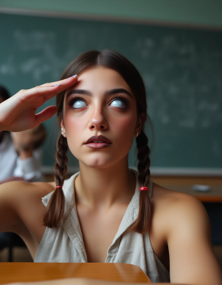 A Closeup shot of Charli DAmelio sitting at a table with pigtails and black lipstick inside of a empty classroom, epic lighting <lora:Charli_DAmelio_Flux:1>  <lora:tranceeyez4flux-000012:0.8> tranceeyez4flux, saluting