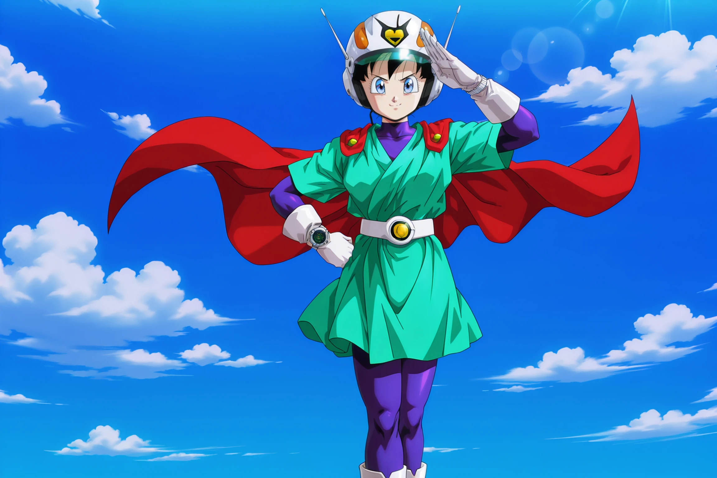 anime screencap, absurdres, high quality, official style, 
videl, official style, great saiyaman costume, 1girl, solo, smile, very short hair, blue eyes, black hair, helmet, print headwear, visor, red cape, green tunic, purple bodysuit, wristwatch, white gloves, white belt, saiyan boots, white footwear, floating cape, pose, salute, legs together, hand on hip, v-shaped eyebrows, looking at viewer, day, cloud, blue sky, dappled sunlight, lens flare, 
 <lora:Videl:0.8>