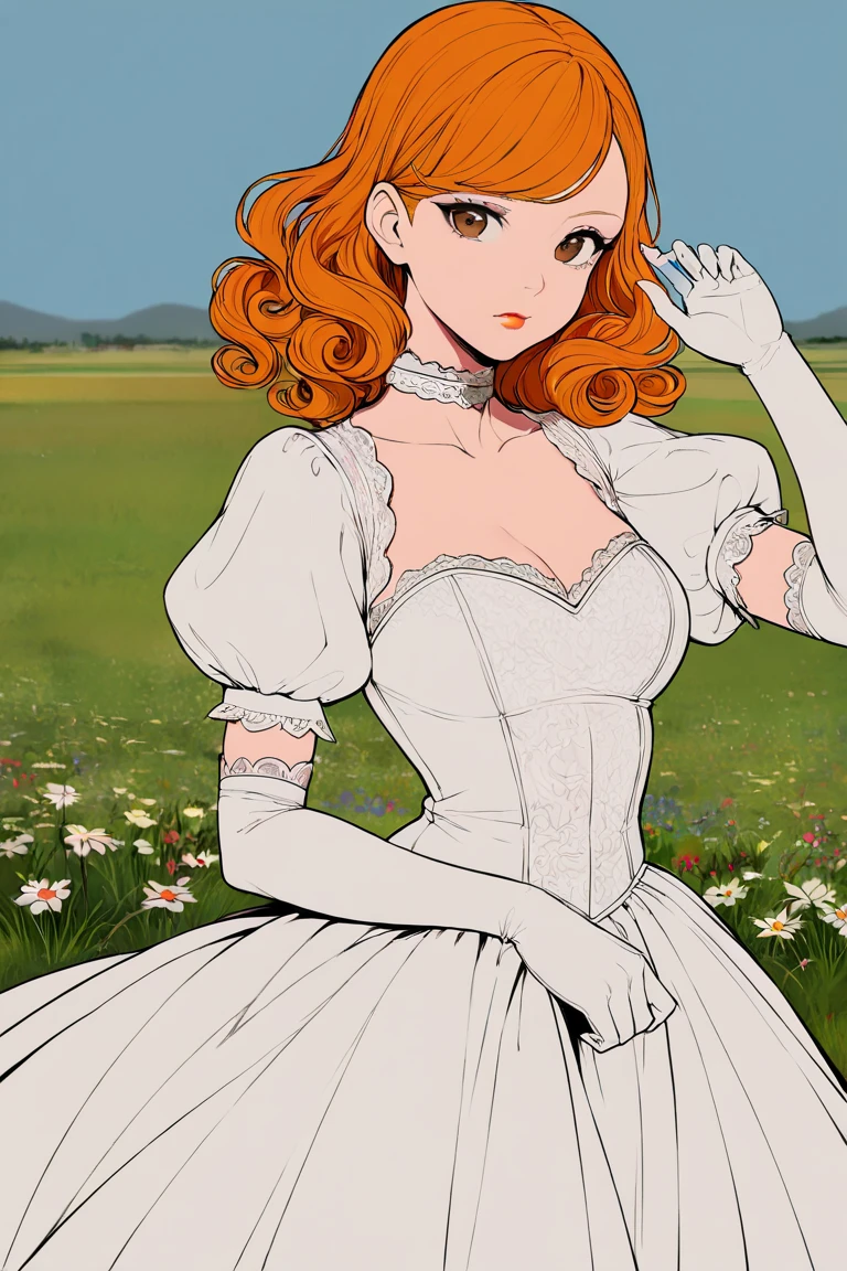 masterpiece, best quality, highres, newest, lineart, flat color, 1girl, solo, medium hair, curly hair, wavy hair, orange hair, swept bangs, brown eyes, lips, lipstick, looking at viewer, medium breasts, choker, medium dress, white dress, lace trim, puffy sleeves, puffy short sleeves, short sleeves, gloves, elbow gloves, white gloves, hand up, cowboy shot, closed mouth, standing, outdoors, field, flower, grass, plant, sky <lora:LineArt Grey [LoRA] - NoobAI-XL EPS 1.0:0.8>