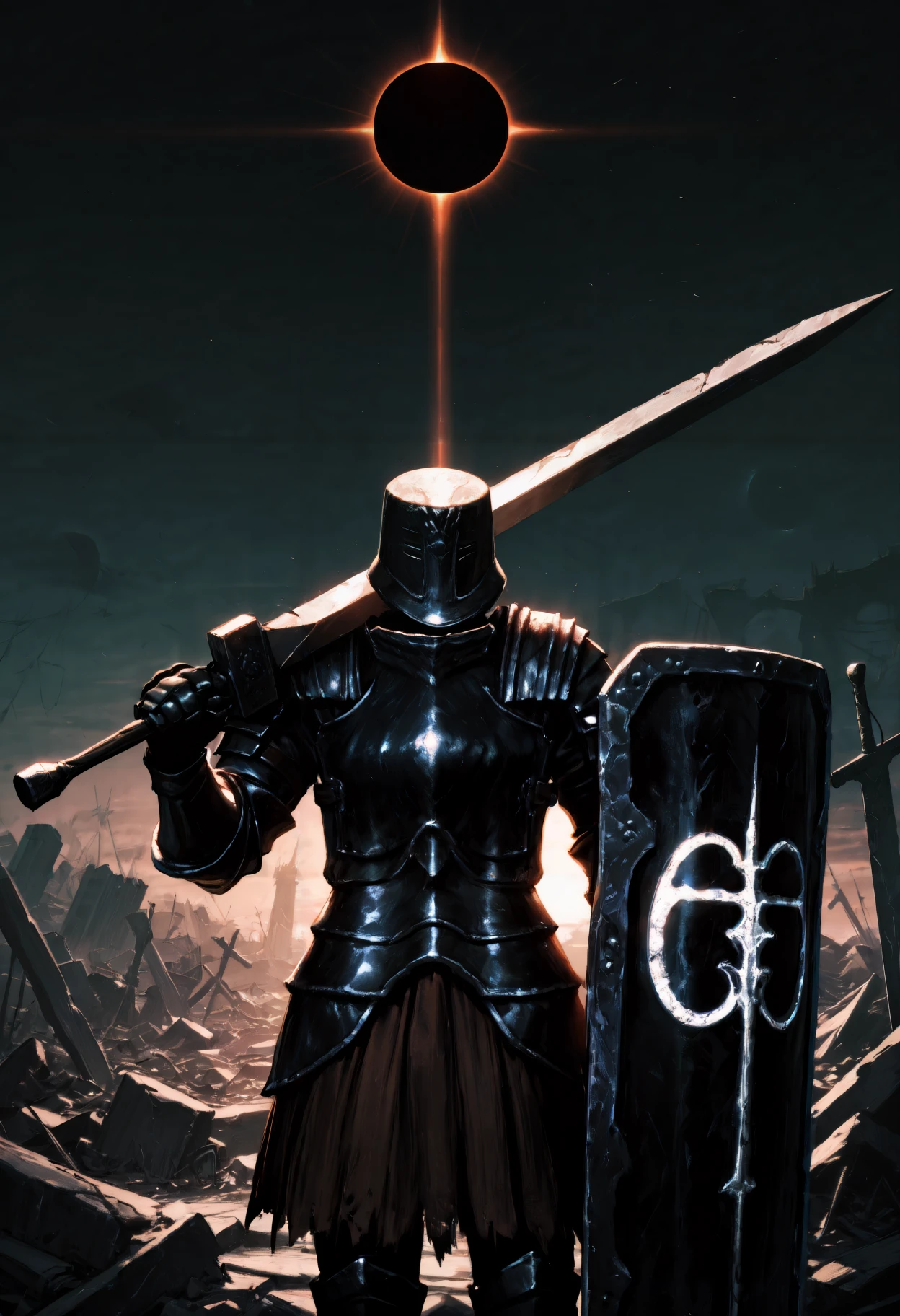 masterpiece, best quality, newest, absurdres, highres, outdoors, night, ambiguous gender, solo, dsbit, black helmet, black armor, black breastplate, black Pauldrons, black Cuirass, black Gauntlets, tunic under armor, black Greaves, black Greaves, holding sword, weapon over shoulder, holding shield, cowboy shot, <lora:Black_Iron_Tarkus_Illustrious-000009:1> fantasy, surreal landscape, dark theme, light particles, sunbeam, eclipse, ruins, wide shot, backlighting, solar eclipse, epic