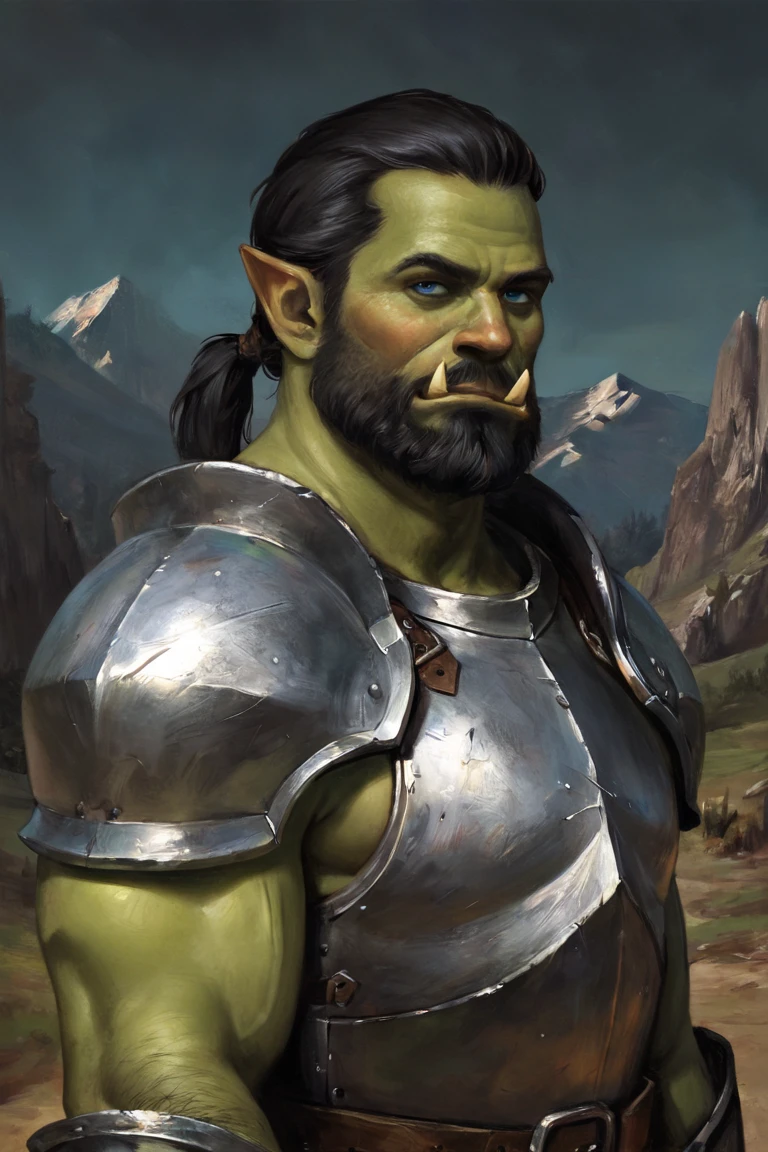 masterpiece, best quality, highres, newest, traditional media, realistic, 1boy, solo, male focus, mature male, orc, colored skin, green skin, tusks, blue eyes, medium hair, black hair, hair slicked back, ponytail, facial hair, beard, mustache, looking at viewer, full armor, shoulder armor, breastplate, pauldrons, upper body, closed mouth, standing, outdoors, mountain, night, night sky, dark background <lora:Gothic Painting [LoRA] - NoobAI-XL EPS 1.0:1>