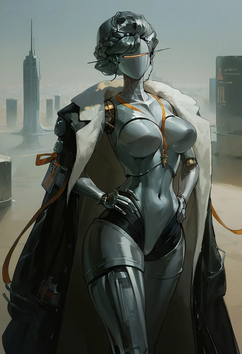 score_9_up, score_8_up, score_7_up, score_6_up, 1girl, solo, Lucy_R1999, humanoid robot, faceless, short hair, grey metal hair, braid, robot joints, large breasts, coat, coat on shoulders, hands on hips, (futuristic cityscape), (painted art)