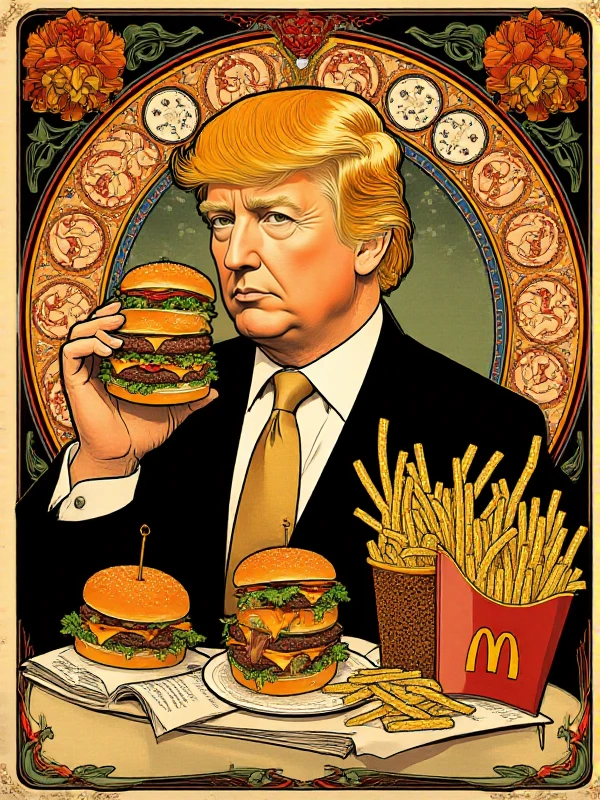 <lora:Art_Nouveau_Style:0.9> art nouveau style, Donald Trump holds a burger. burgers, fries, mcdonalds logo. Text says "Stable Genius"