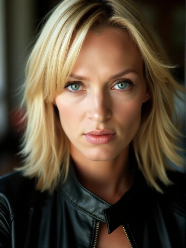 <lora:Beatrix Kiddo:0.9> beatrix kiddo,blond woman, she wears a leather jacket . Closeup face portrait