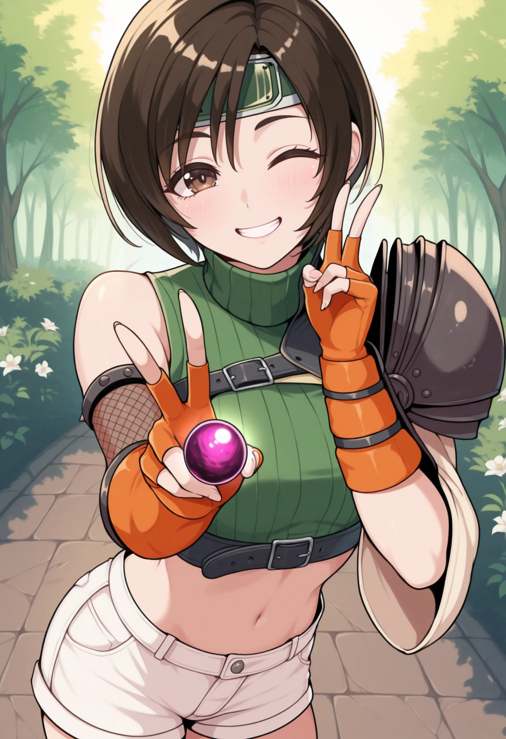 masterpiece, best quality, solo, 1girl, smile, looking at viewer, <lora:Yuffie-illus_Fp:1>,  yuff7, short hair, brown eyes, forehead protector, green turtleneck, midriff, single pauldron, chest strap, single arm guard, orange gloves, fingerless gloves, white shorts, fishnets,  holding, materia, outdoors, v, one eye closed,