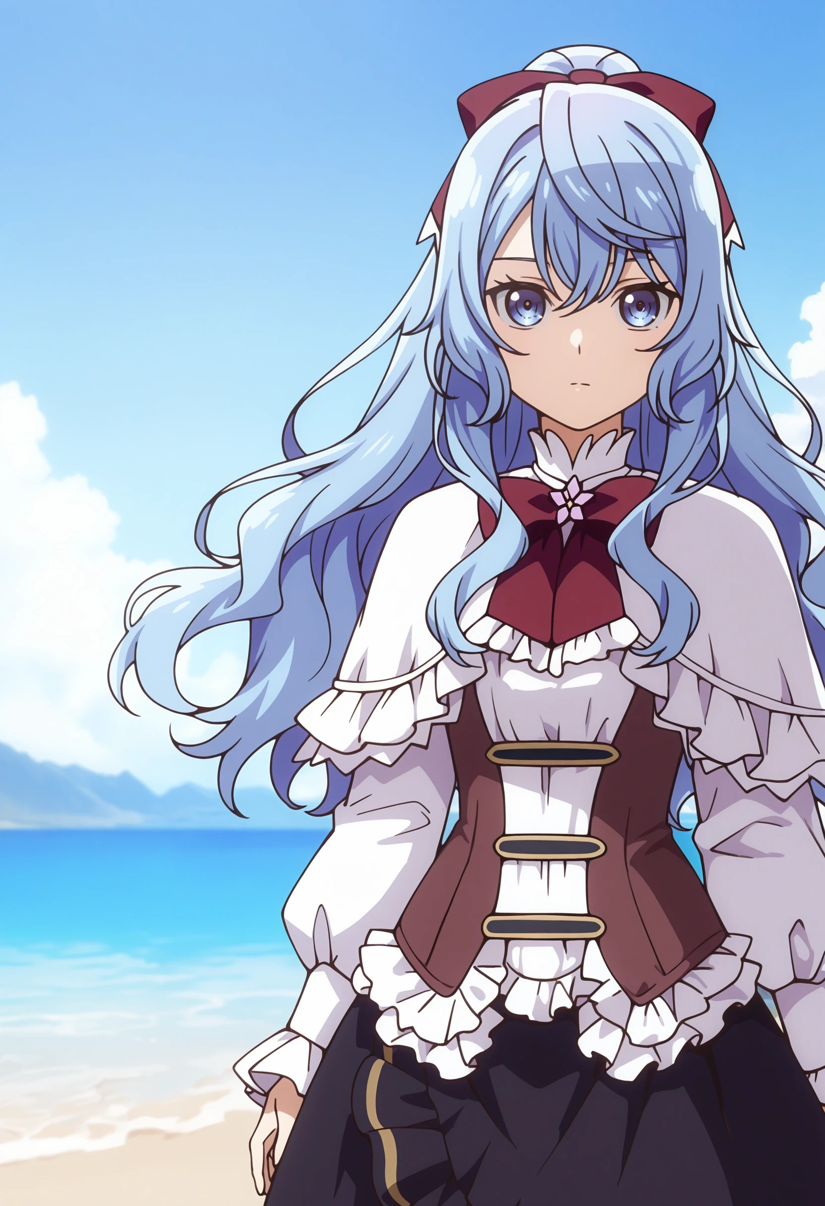 best quality, masterpiece \(quality\),
liselotte cretia, hair bow,
white capelet, brown corset, white shirt, long skirt, red bowtie,
expressionless, looking at viewer,
1girl, solo,
cowboy shot, standing,
beach, blue sky,
<lora:faux-liselotte-cretia-lora-rank128a32-came-attn:0.9>