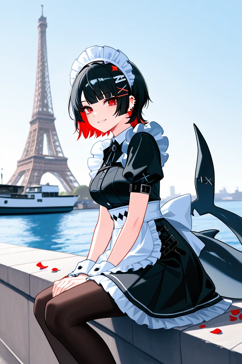 masterpiece, best quality, 1girl, solo, 21 year old model, eyelashes, (beautiful eyes),     ,,, ellen joe, black hair, colored inner hair, multicolored hair, red eyes, red hair, short hair, two-tone hair, apron, black pantyhose, black shirt, black skirt, ear piercing, fins, fish tail, maid, maid apron, maid headdress, pantyhose, piercing, puffy short sleeves, puffy sleeves, shark girl, shark tail, shirt, short sleeves, skirt, tail, two-tone hair, wrist cuffs,  <lora:EllenJoeIXL:1.0>, ,,, zzEiffelTower in background, sitting, watercraft, boat, sitting on wall, side view, looking at viewer, smile,,, blooming stars, luminescent petals, otherworldly fragrance blurry background, <lora:EiffelTowerIXL_v2:1.0>,