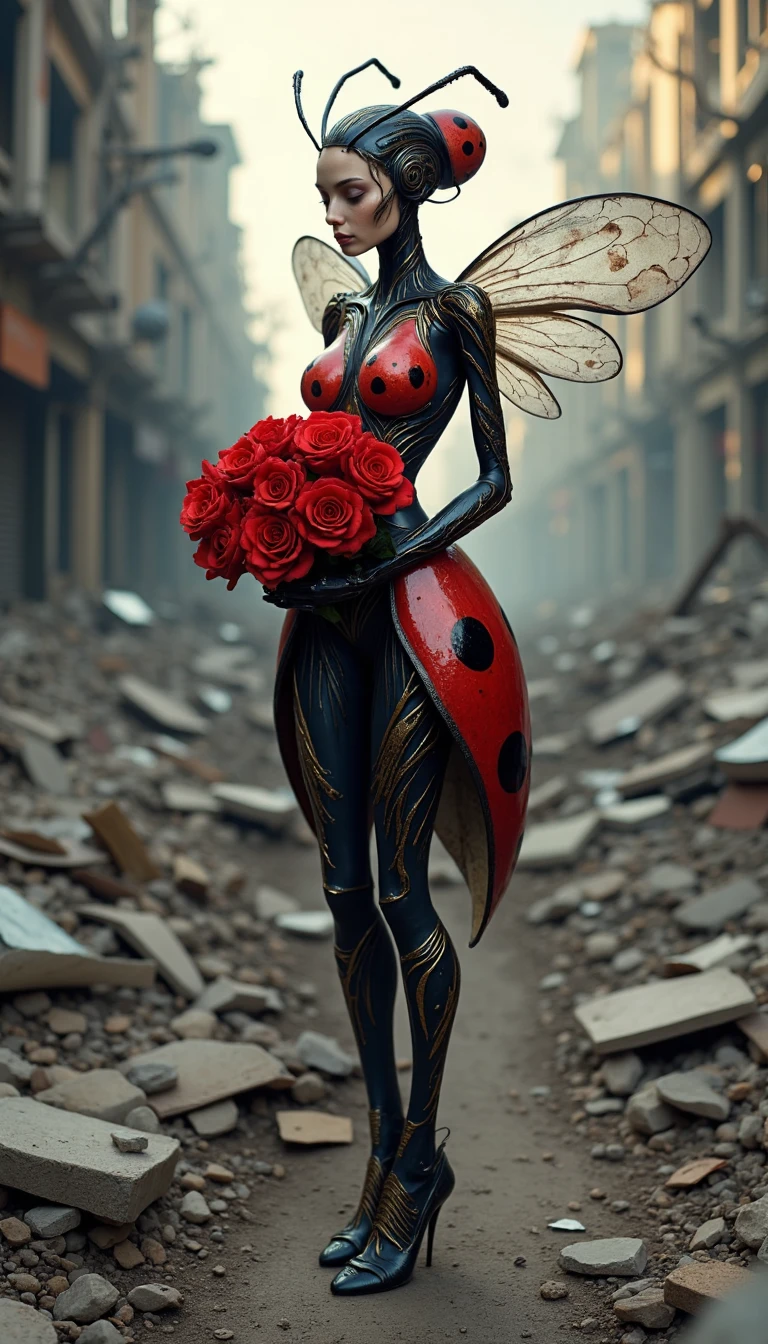 In the midst of a ravaged earthquake zone, where crumbling buildings and twisted metal beams lay scattered, a humanoid ladybug hybrid stands poised, a delicate elegance amidst the devastation. The hybrid's slender, elongated body is a mesmerizing blend of human and ladybug features, with a shimmering red and black carapace that covers its arms, torso, and legs, complete with intricate, swirling patterns. Its face is a gentle fusion of human and ladybug, with high cheekbones, a small nose, and large, expressive eyes that shine like polished black onyx. A delicate, translucent wing protrudes from its back, folded against its shoulder blades like a crimson cloak.
In its dexterous, human-like hands, the hybrid cradles a bouquet of ravishing, velvety red roses, their petals softly glowing in the faint, dusty light that filters through the rubble-filled air. The hybrid's eyes are cast downward, drinking in the beauty of the flowers, its gaze a mix of wonder and serenity. A few stray ladybug spots adorn the roses, as if the hybrid's very essence has infused the blooms.
The earthquake-ravaged surroundings provide a striking contrast to the hybrid's peaceful demeanor, with cracks in the ground radiating from its feet like dark, branching vines. In the background, the skeletal remains of buildings loom, their steel beams twisted and tangled like the legs of some giant, metallic spider. Amidst the desolation, the ladybug hybrid and its rose bouquet form an island of beauty, a beacon of hope and resilience in a landscape ravaged by disaster.