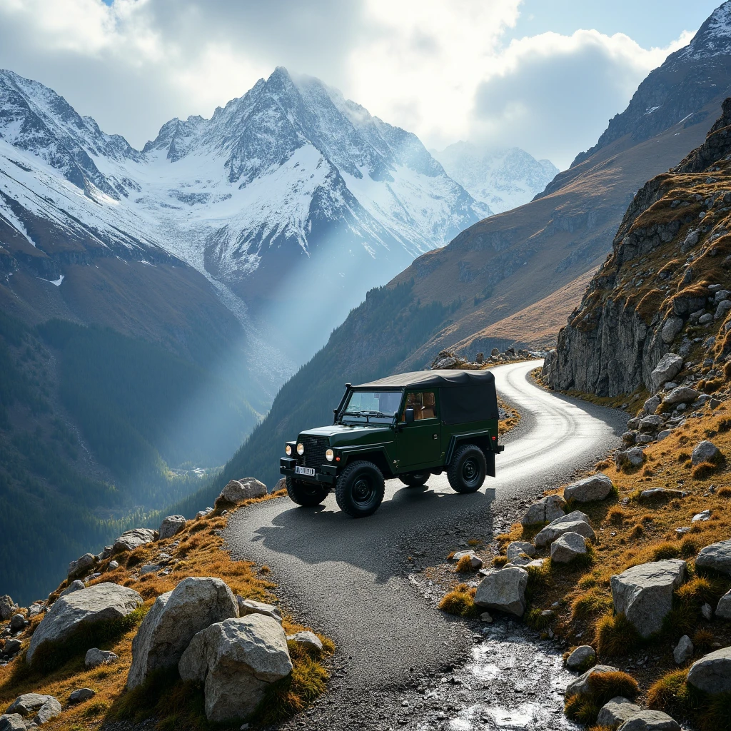 Imagine an image in the style of cinematic photorealism: A Land Rover Lightweight hugs the edge of a winding mountain road. Snow-dusted peaks tower above, while a cascading waterfall glimmers in the distance. The vehicle’s sturdy frame handles the rugged terrain effortlessly.