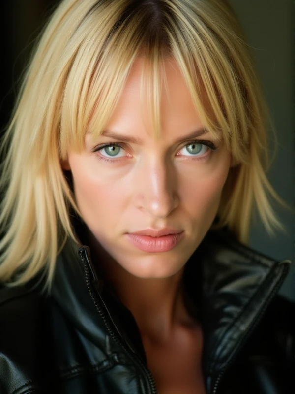 <lora:Beatrix Kiddo:0.9> beatrix kiddo,blond woman, she wears a leather jacket . Closeup face portrait