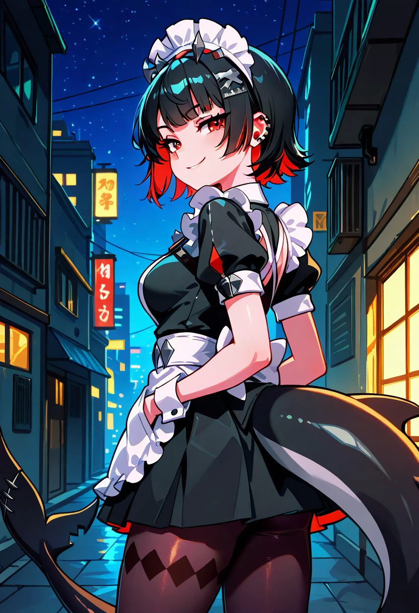 masterpiece, best quality, 1girl, solo, 21 year old model, eyelashes, (beautiful eyes),
ellen joe, black hair, colored inner hair, multicolored hair, red eyes, red hair, short hair, two-tone hair, apron, black pantyhose, black shirt, black skirt, ear piercing, fins, fish tail, maid, maid apron, maid headdress, pantyhose, piercing, puffy short sleeves, puffy sleeves, shark girl, shark tail, shirt, short sleeves, skirt, tail, two-tone hair, wrist cuffs,
stars, night, luminescent background, city, back alley, smug, hands in pockets, smile, looking at viewer, shiny skin,