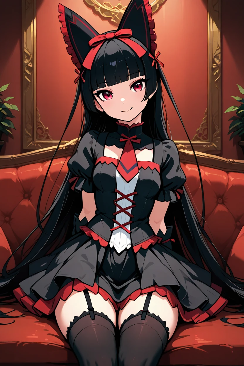 masterpiece, best quality, 1girl, solo, 21 year old model, eyelashes, (beautiful eyes),     ,,, zzRory, rory mercury, red eyes, long hair, black hair, blunt bangs, hime cut, very long hair, hair ribbon, black dress, black thighhighs, garter straps, bow, <lora:RoryMercuryIXL_v3:1.0>,BREAK,,,   smile, curvy, head tilt, sitting on couch, looking at viewer, cowboy shot, <lora:SmoothAnimeIXL:0.8>, <lora:princess_xl_v2:0.3>,