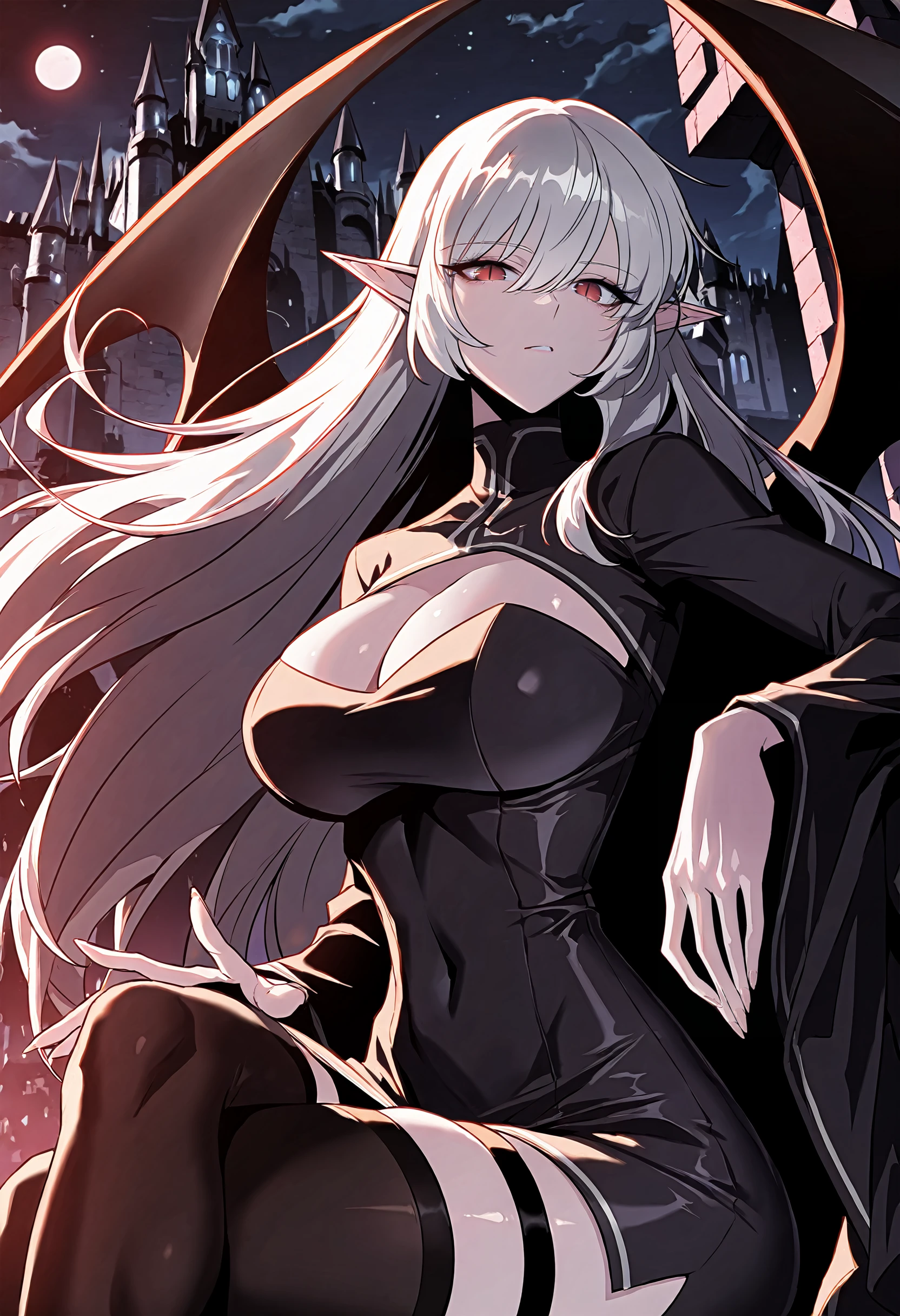 masterpiece, best quality, amazing quality, very aesthetic, absurdres, newest, scenery, 1girl, solo, huge breasts,<lora:Alice von Ataraxia illustxl:0.9> red eyes, pointy ears, long hair, white hair, grey hair, hair between eyes, slit pupils, bat wings, black cape, turtleneck, black dress, cleavage cutout, covered navel, wide sleeves, long sleeves, short dress, thigh strap, black thighhighs, upper body, castle, sitting, crossed legs, dark, night, outside, looking at viewer, shiny skin, masterpiece, best quality, amazing quality, very aesthetic, absurdres, newest, scenery