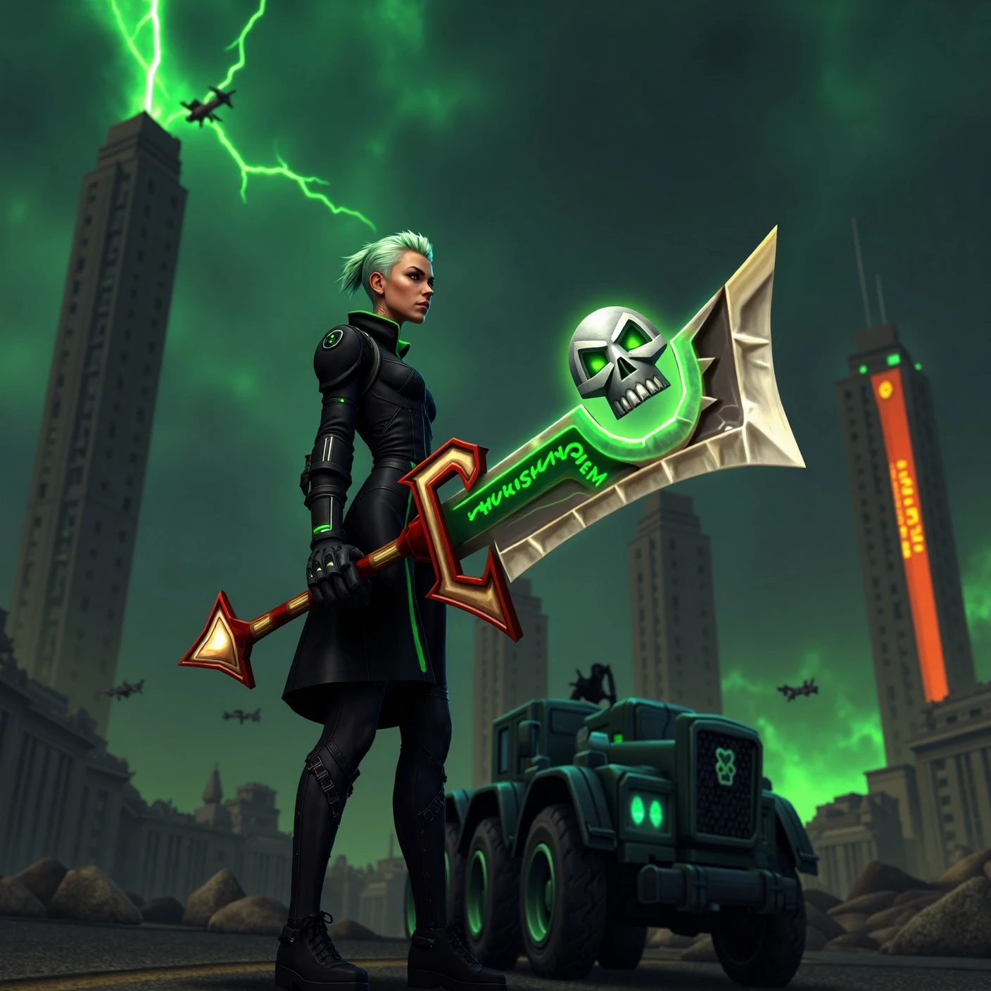 A photorealistic image of a young woman standing defiantly on the hood of an abandoned, futuristic armored vehicle, wielding the corrupted greatsword 8shbr1ng3r. The massive blade glows with pulsating green runes that seem to come alive, twisting and writhing as if possessed. She is dressed in a cyberpunk-inspired outfit: a high-collared black trench coat with glowing green accents, cybernetic gloves, and sleek combat pants.
Her short, asymmetrical haircut is dyed neon green, matching the glow of the sword and the LED implants visible on her neck and temples. Her piercing gaze reflects the determination of a leader fighting against impossible odds. The background features a chaotic urban battlefield, with towering, futuristic skyscrapers in flames and drones buzzing in the smoke-filled sky.
The lighting is dramatic, with green lightning illuminating the dark clouds above, while the glow from the sword casts dynamic, surreal shadows on her face and the vehicle. The atmosphere is tense and electric, capturing the balance between hope and corruption as she wields the sword's immense power. [skull motif]