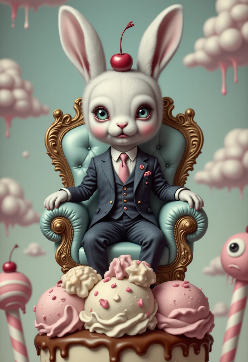 MydenStyle A white rabbit dressed in a miniature suit and tie, sitting on a throne made of colorful candy. The throne is perched atop a gigantic ice cream sundae, dripping with caramel and topped with an oversized cherry. The rabbitâs glassy eyes stare directly at the viewer, blending innocence with an unsettling intensity. The background is a candy-coated fantasy world with surreal clouds shaped like cotton candy.