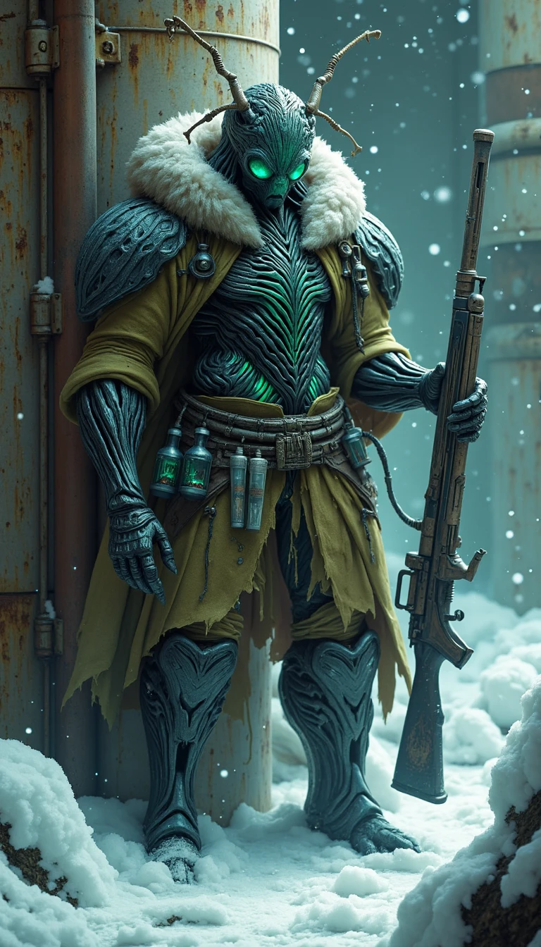 A towering, humanoid figure stands amidst the frozen, rusted infrastructure of an abandoned Antarctic research base, its corroded drums and pipes entombed in a thick layer of frost. The hybrid, a man with skin like polished obsidian, boasts the chitinous exoskeleton of a beetle across his shoulders, thorax, and forearms, adorned with intricate, swirling patterns that shimmer like the aurora borealis. His eyes burn with an ethereal, emerald green light, as if the fire of a thousand bioluminescent insectscourse through his veins.
He wears a tattered, parka-like garment, shredded and worn from the relentless winds that howl across the frozen continent. A utility belt fashioned from scavenged equipment and insectoid components cinches at his waist, holding an assortment of tools and strange, glowing vials filled with an otherworldly essence. At his side, a rifle of unconventional design leans against the crumbling wall of a laboratory module, its barrel a twisted, organic shape that appears almost...alive.
The insect hybrid, known only as "Khronos," works with deliberate, mechanical precision, carefully collecting frozen, crystalline structures that have formed around ancient, fossilized insects trapped within the glacier. With each carefully plucked sample, he painstakingly examining the frozen specimens, his emerald eyes aglow with an unnatural intensity. The crystals, imbued with an essence of the planet's ancient history, begin to glow in response to his touch, casting an eerie, pulsing light across the snow-encrusted equipment and twisted metal around him.
As the hybrid works, his beetle-like forelimbs subtly shift and flex, as if channeling the collective memories of the ancient insects, absorbing the secrets of the frozen continent through some unseen, symbiotic connection. The air is heavy with an electric tension, as if the very fabric of time itself is unraveling in Khronos' presence, allowing glimpses into forgotten eras, where the boundaries between species and civilizations grew indistinct.