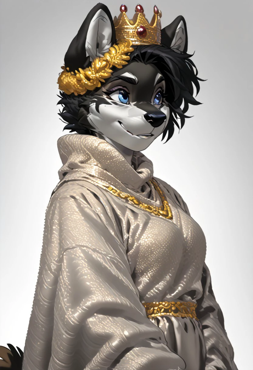 score_9, score_8_up, score_7_up, (by kittydee:1.5), (by jailbird:1.5), (by zummeng:1.5), masterpiece, best quality, (solo),
(Furry Art: Anthro: Alaskan Klee Kai:1.5), 1girl, expressive eyes, feminine eyes, perfect face, feminine face, dog, canine, small body size, curled fluffy tail, (two-toned fur), (black and white fur), large eyes, black hair, straight hair, medium breasts, blue eyes, princess dress, princess crown,