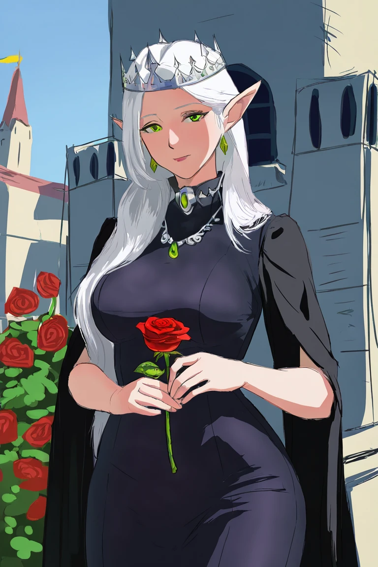 masterpiece, best quality, highres, newest, sketch, 1girl, solo, mature female, elf, pointy ears, breasts, long hair, very long hair, white hair, green eyes, portrait, looking at viewer, medium breasts, high collar, long dress, black dress, crown, silver crown, holding, holding flower, rose, red rose, necklace, jewelry, closed mouth, cowboy shot, standing, outdoors, castle <lora:Sketch Illustration [LoRA] - NoobAI-XL EPS 1.0:0.8>