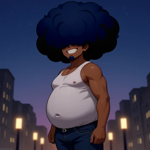 This is a digital drawing of NOSkatch, he has dark brown skin and an exaggerated, voluminous blue afro covering his eyes. NOSkatch is wearing a white tank top that clings to a noticeably large, round belly, and dark blue jeans. The character's expression is a wide, toothy grin, and their eyes are hidden by their afro. The background is a cityscape at midnight with streetlights lighting the gradient sky. The art style is clean and modern, with bold lines and minimal shading.