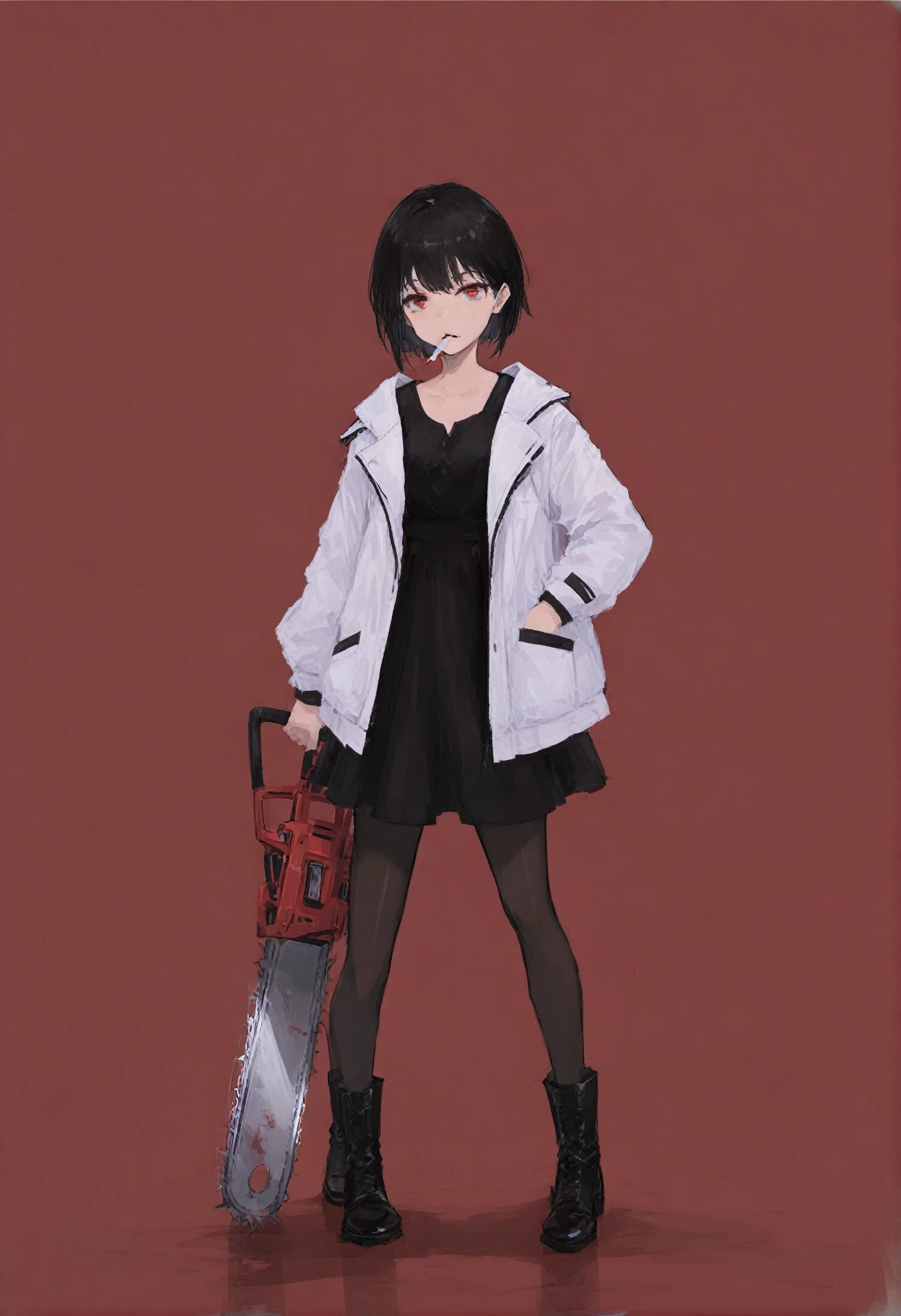 1girl, chainsaw, solo, red background, red eyes, black hair, simple background, holding, looking at viewer, short hair, jacket, full body, black footwear, cigarette, dress, white jacket, boots, black dress, standing, pantyhose, mouth hold, weapon, long sleeves, holding weapon 
,, masterpiece,best quality,very aesthetic,absurdres 
<lora:xilmoforill-000128:0.95>