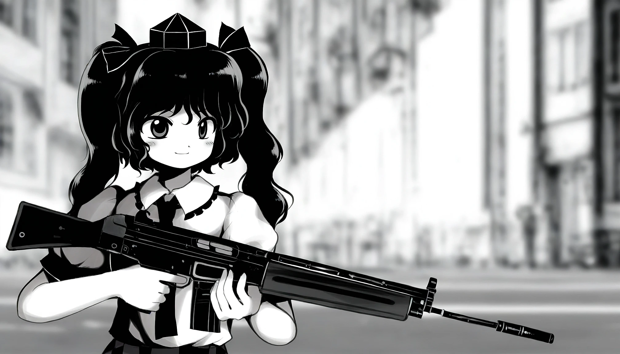 1girl, solo, himekaidou_hatate, stent r91, assault rifle, holding gun, two-handed, standing outdoors, street, (weapon focus), monochrome, greyscale best quality, masterpiece, (zun_\(artist\), zun_\(style\)), <lora:OWN/pops_fo3_r91-v002-000015.safetensors:1.0>