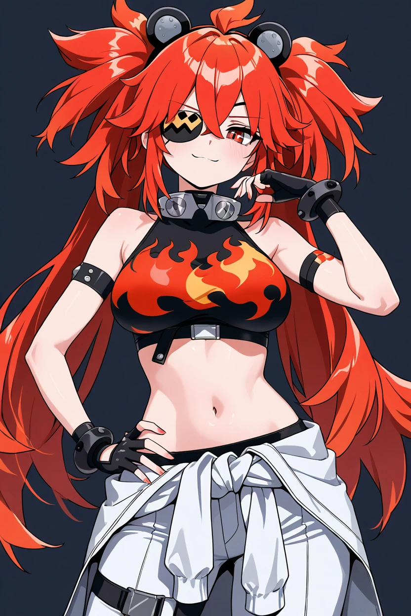 masterpiece, best quality, 1girl, solo, 21 year old model, eyelashes, (beautiful eyes),     ,,,large breasts,  koleda belobog, eyepatch, red eyes, red hair, twintails, fake animal ears, flame print, midriff, white jumpsuit, jumpsuit around waist, fingerless gloves,  <lora:KoledaBelobogIXL:1.0>, cowboy shot, hand on hip, smug, smile, looking at viewer, shiny skin,