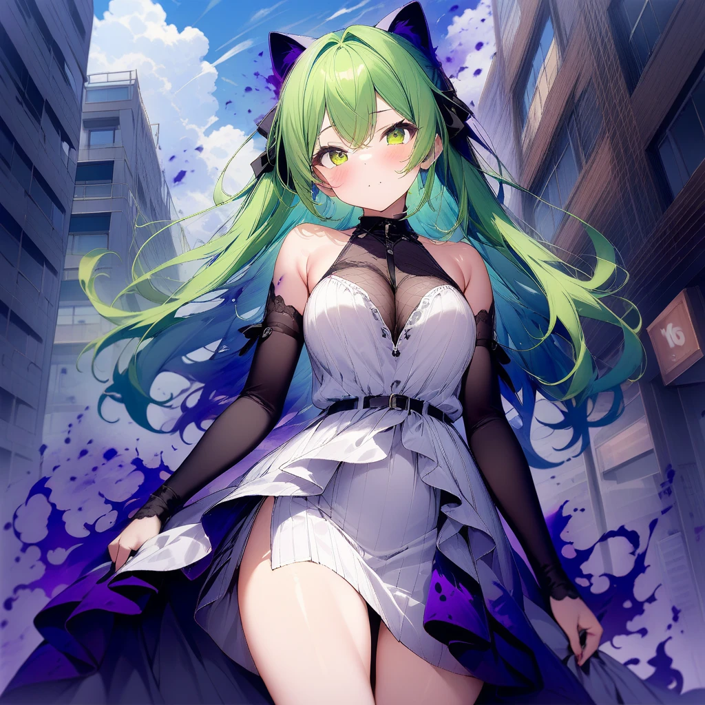 score_9,score_8_up,score_7_up,score_6_up,score_5_up,score_4_up,Ultra detailed,masterpiece,very aesthetic,
1girl,solo,<lora:corrupting v21:1.5>,green hair,white dress,dark aura,blue sky,