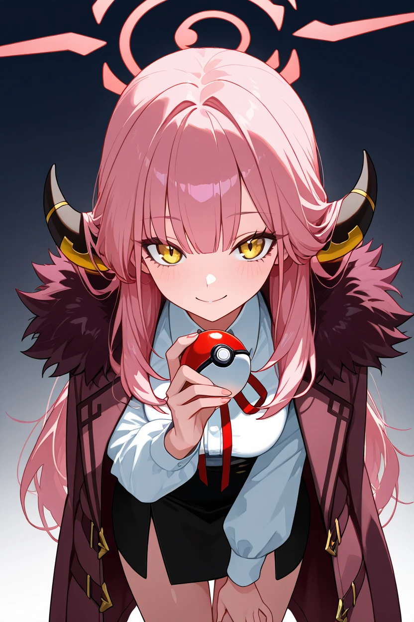 masterpiece, best quality, 1girl, solo, 21 year old model, eyelashes, (beautiful eyes),     ,,,zzAru, yellow eyes, pink hair, long hair, demon horns, halo brown coat, white shirt, black skirt, red ribbon, fur-trimmed coat , <lora:AruBlueArchiveIXL:1.0>(holding pokeball), dynamic pose, cowboy shot, leaning forward, smile, looking at viewer, shiny skin,