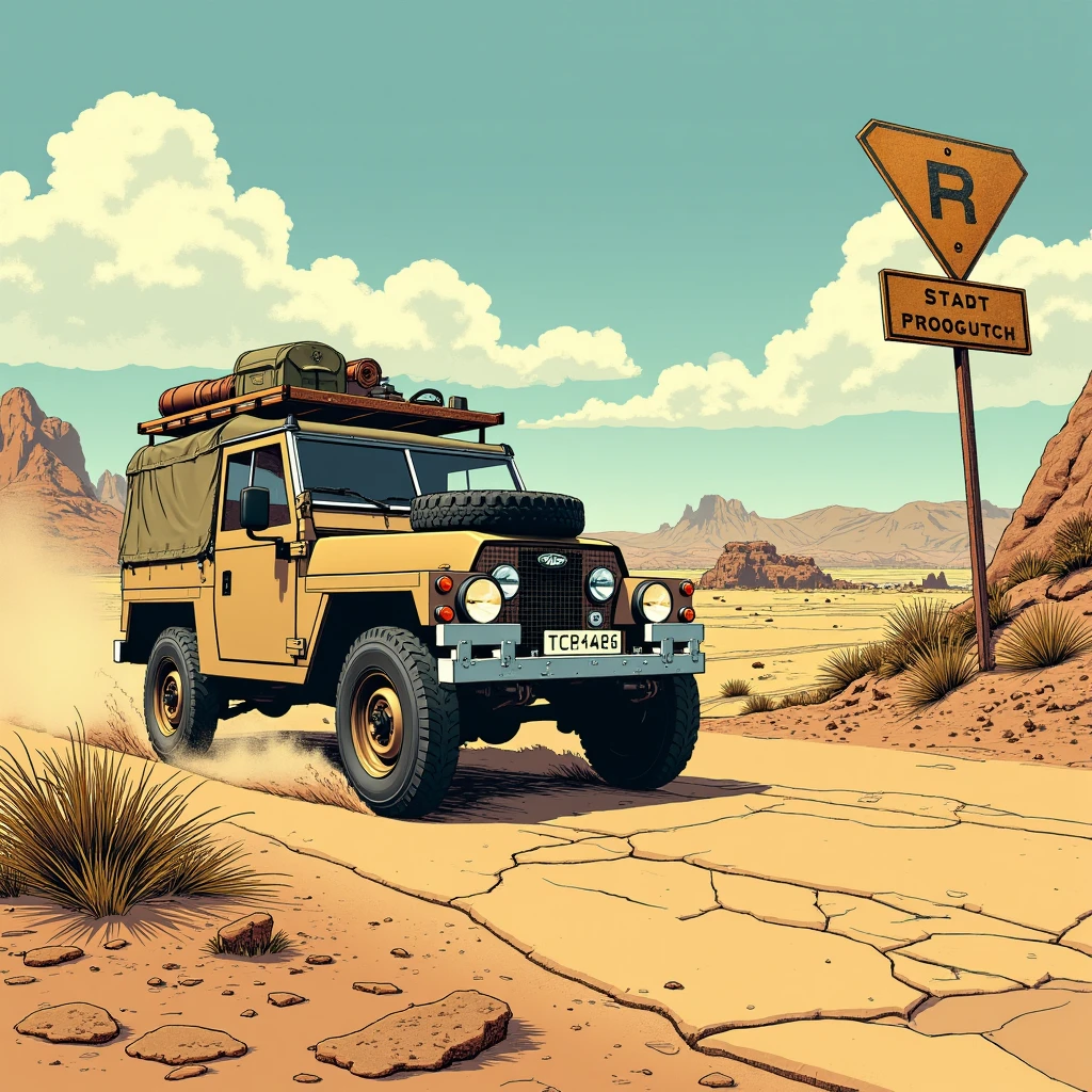 Imagine an image in the style of graphic novel realism: A Land Rover Lightweight speeds along a cracked desert highway, flanked by rusted road signs and abandoned outposts. Its roof rack is loaded with gear, highlighting its endurance and adaptability in this desolate environment.