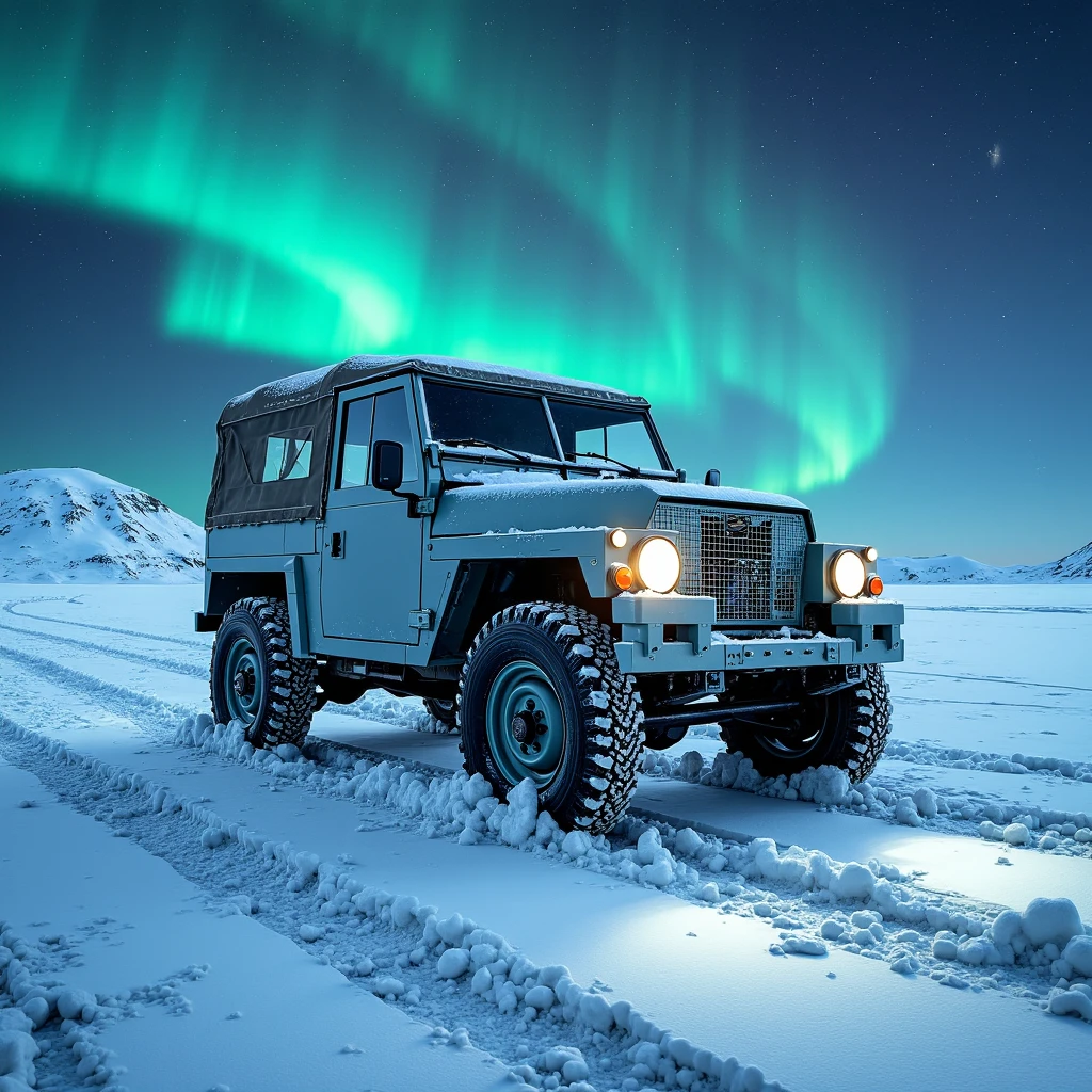 Imagine an image in the style of graphic novel realism: A Land Rover Lightweight braves an arctic wasteland, its rugged silhouette framed by the ethereal glow of the aurora borealis. Frost coats its body, while its tires carve deep tracks through the icy terrain, emphasizing its resilience in extreme cold.