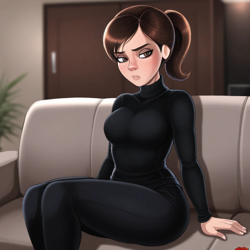 masterpiece, best quality, Shadman_Style, 1girl, solo, brown hair, ponytail, brown eyes, black turtleneck sweater, black pants,  <lora:ShadmanStyle_illustrious_CR_Leaf3:1>, indoors, depth of field, sitting on couch,