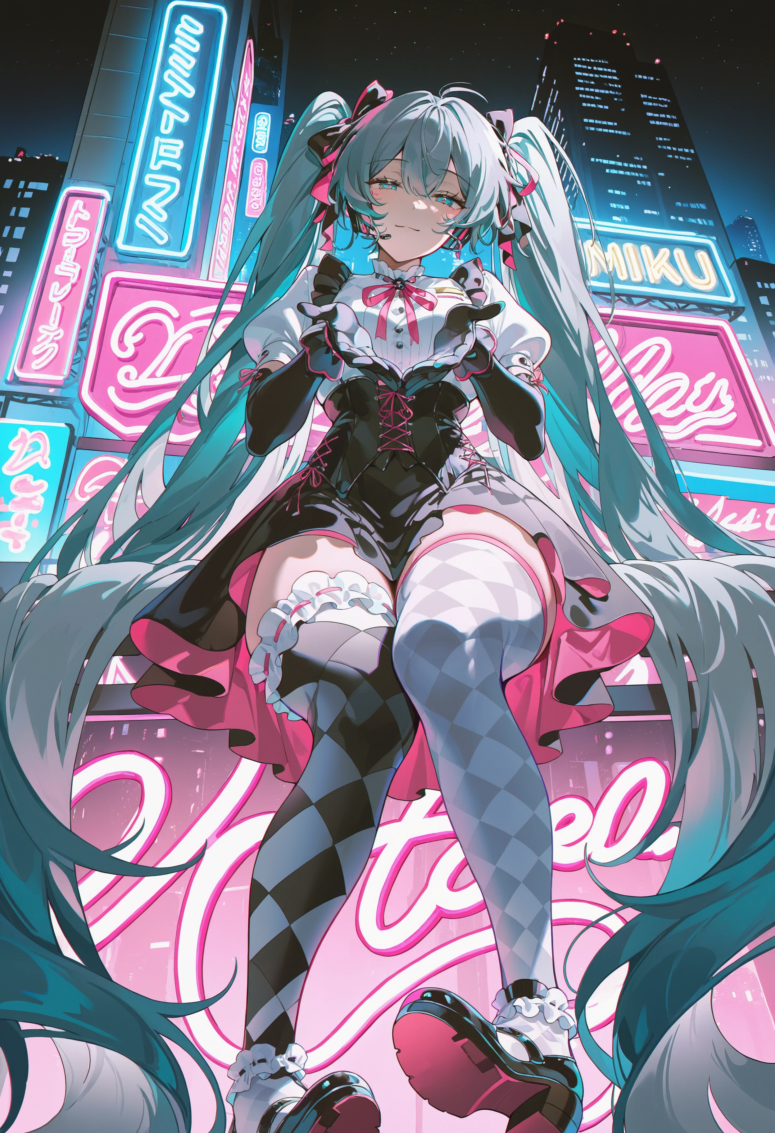 masterpiece, absurdres, newest, very awa,  chromatic abberation, intricate background, perfect hands, detailed hands, highly detailed, intricate, detailed clothes,     1girl, solo, hatsune miku, absurdly long hair, twintails, grey hair, juliet sleeves, white shirt, black corset, short sleeves, elbow gloves, black gloves, black wrist cuffs, frilled thighhighs, black thick thighs, mismatched legwear, checkered legwear, black footwear, frilled footwear, two-tone footwear, hair ribbon, ribbon trim, pink ribbon,     night sky, cityscape, neon lights, neon sign, city lights, reaching towards viewer, half-closed eyes, looking at viewer, cupping hands, light smile,  <lora:spo_sdxl_10ep_4k-data_lora_webui>,  <lora:TA_trained:0.35>,  <lora:NOOB_EPSv1_1_detailer_by_vlnvk_v0_5>,  <lora:z3zz4_075:0.8>