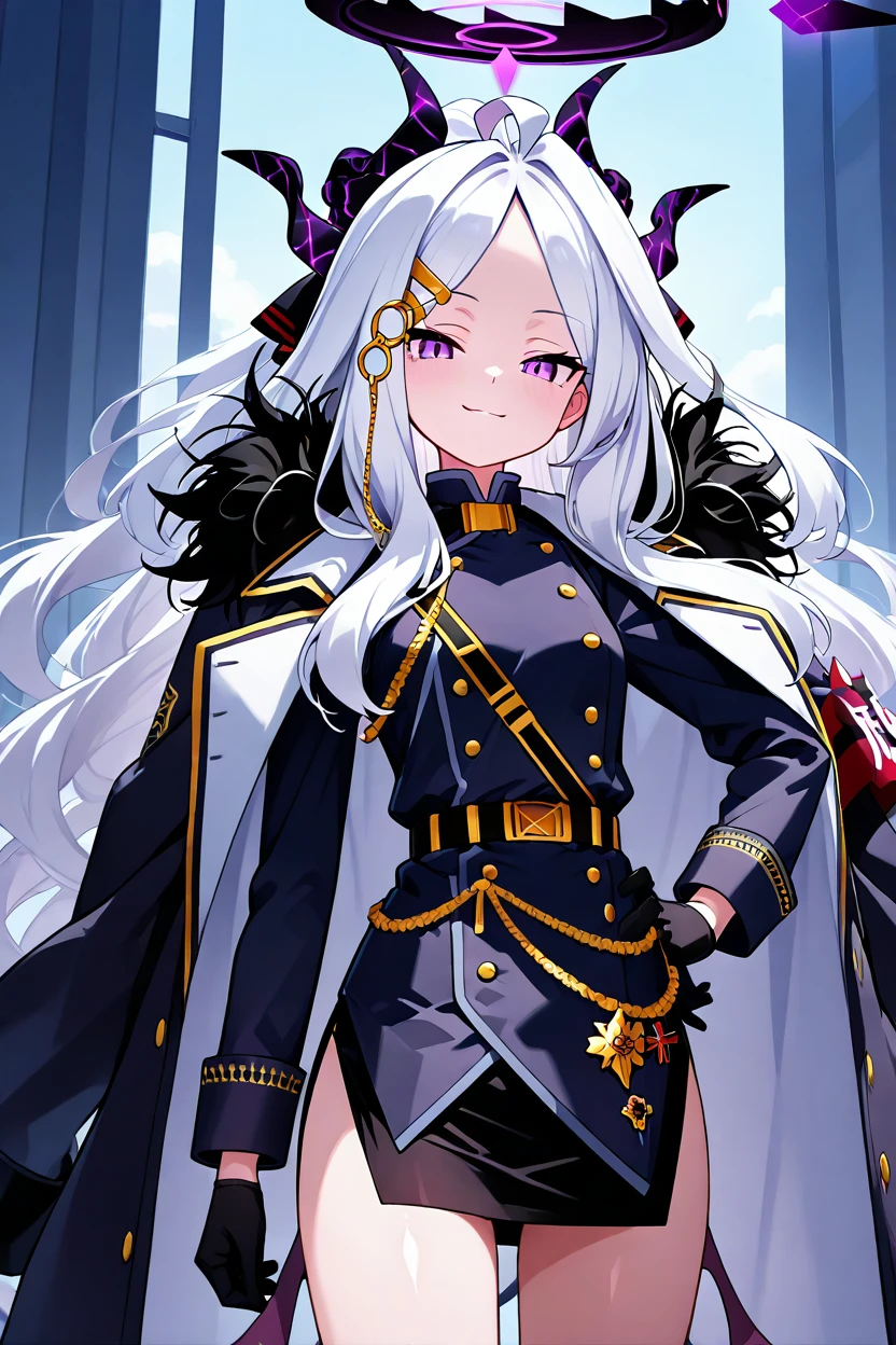 masterpiece, best quality, 1girl, solo, 21 year old model, eyelashes, (beautiful eyes),     ,,, zzHina, purple eyes, long hair, hair ornament, white hair, horns, hina (blue archive), ahoge, halo, multiple horns, parted bangs, skirt, long sleeves, hairclip, black skirt, coat, coat on shoulders, fur trim, black gloves, <lora:HinaBlueArchiveIXL:1.0>, cowboy shot, hand on hip, smug, smile, looking at viewer, shiny skin,