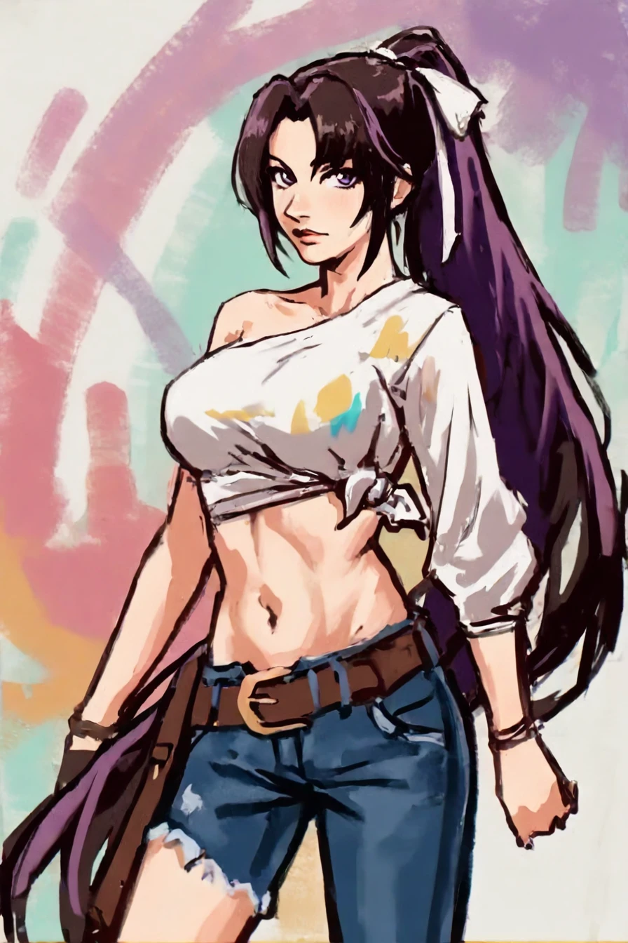 <lora:painting_art_illustriousXL:1>, paint_art_style, 1girl, solo, alone, looking at the viewer, asymmetrical clothes, navel, purple eyes, very long hair, tied shirt, midriff, hair ribbon, single pantsleg, white shirt, ponytail, black hair, large breasts, jeans, white ribbon, brown belt, purple hair, asymmetrical legwear, masterpiece, highres