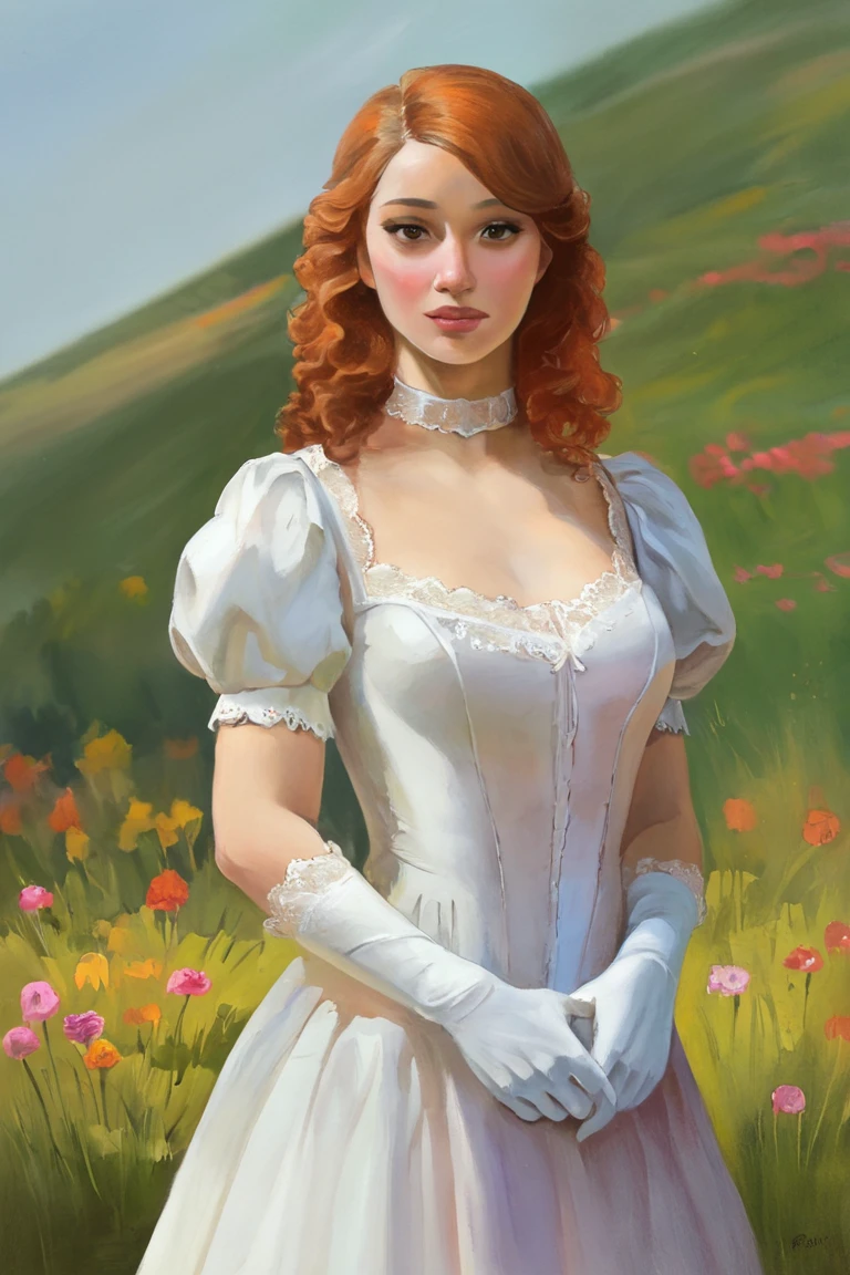 masterpiece, best quality, highres, newest, painterly, faux traditional media, realistic, 1girl, solo, medium hair, curly hair, wavy hair, orange hair, swept bangs, brown eyes, lips, lipstick, looking at viewer, medium breasts, choker, medium dress, white dress, lace trim, puffy sleeves, puffy short sleeves, short sleeves, gloves, elbow gloves, white gloves, hand up, cowboy shot, closed mouth, standing, outdoors, field, flower, grass, plant, sky <lora:Faux Painting [LoRA] - NoobAI-XL EPS 1.0:0.8>