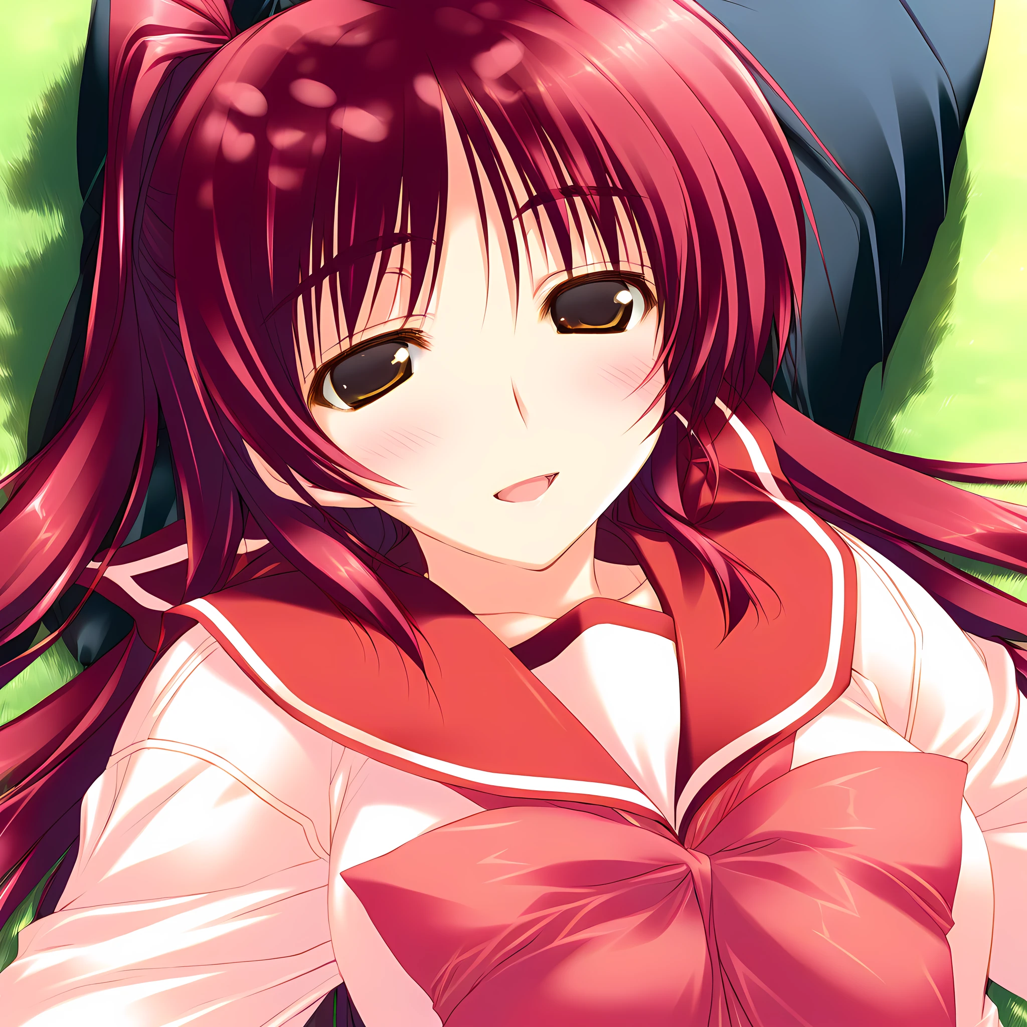 tamaki_kousaka, 1girl, school uniform, red hair, serafuku, grass, long sleeves, dappled sunlight, long hair, brown eyes, lying, blush, shade, on back, solo focus, sunlight, 1boy, smile, outdoors, open mouth, tree shade, on ground, from above, happy, lap pillow, out of frame, shadow, half-closed eyes, upper body, defaultoutfit,<lora:TamakiKousaka:1>, (masterpiece),(best quality),(ultra-detailed),(best illustration),(best shadow),(absurdres),(detailed background),(very aesthetic),